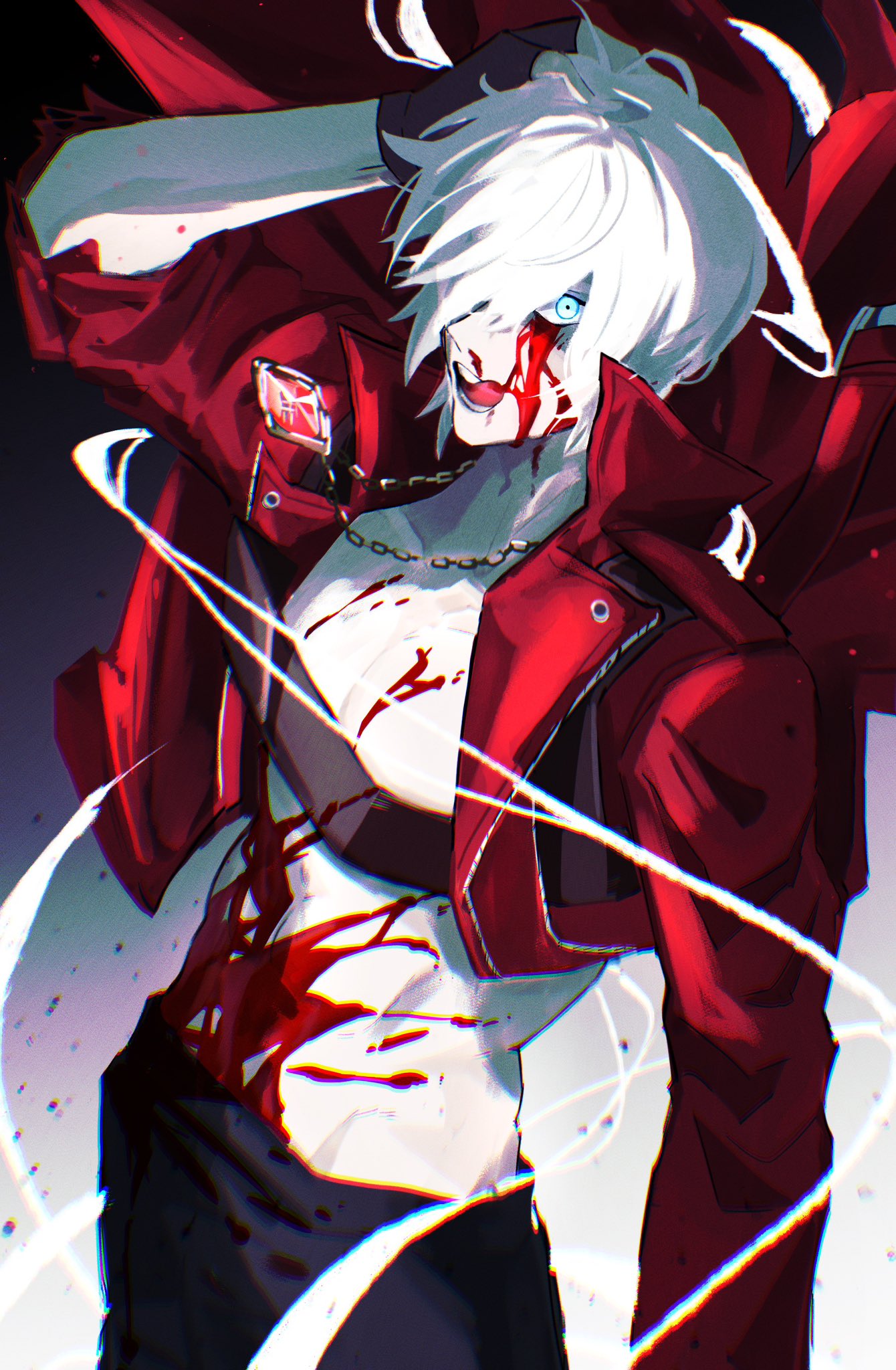 aonano db, dante (devil may cry), devil may cry, devil may cry (series), devil may cry 3, commentary, english commentary, highres, 1boy, arm up, black pants, blood, blood on body, blood on face, blood splatter, blue eyes, chest strap, coat, gem, hand on own head, jewelry, long sleeves, male focus, necklace, pants, parted bangs, popped collar, red coat, red gemstone, solo, toned, toned male, tongue, tongue out, white hair