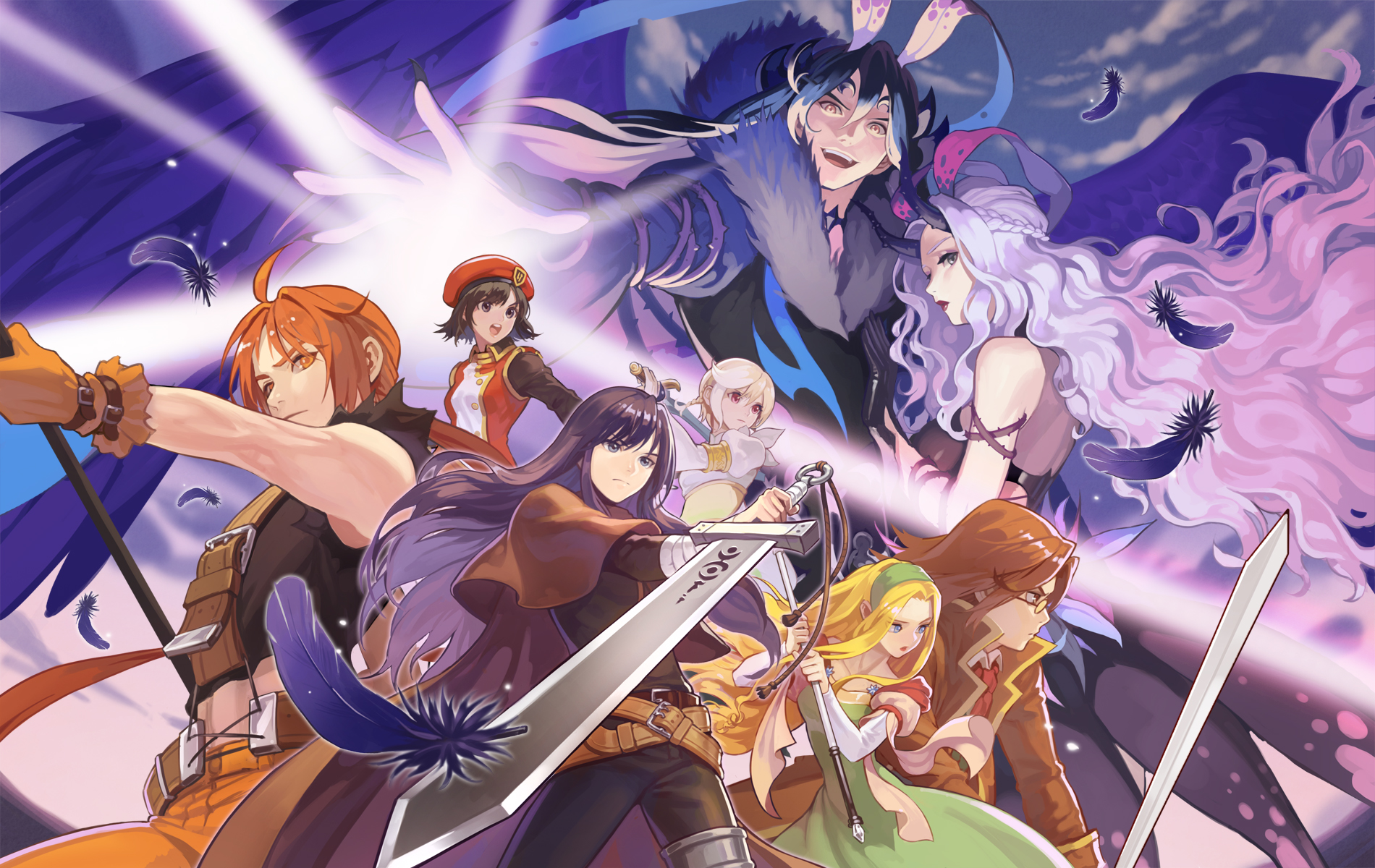 sang ah yoon, boris jinneman, cloe da pontina, isolestie (children of the rune), ispin charles, maximin liebkne, sivelin uuo, nexon, tales weaver, gold armlet, commentary request, highres, korean commentary, official art, ahoge, anita (tales weaver), armlet, badge, bare shoulders, belt, black collar, black dress, black gloves, black hair, black horns, black pants, black shirt, black sleeves, blue eyes, blue hair, braid, breasts, brown belt, brown cape, brown capelet, brown coat, brown hair, cape, capelet, cloud, coat, collar, collarbone, collared shirt, cropped shirt, crossed belts, curtained hair, double-parted bangs, dress, feathers, frown, glasses, glove belt, gloves, green dress, green hairband, green vest, grey eyes, hair between eyes, hairband, half up braid, hand on another's chest, high collar, holding, holding sword, holding weapon, horns, jacket, jewelry, juliet sleeves, large belt, lipstick, liv anita, long hair, long sleeves, makeup, medium breasts, midriff, multicolored jacket, multiple belts, necktie, nergal (tales weaver), open mouth, orange eyes, orange gloves, orange hair, orange pants, pants, parted bangs, plant, ponytail, puffy sleeves, purple feathers, purple wings, red eyes, red jacket, red lips, red necktie, round eyewear, shirt, shoulder belt, silver legwear, single braid, single hair streak, sky, sleeveless, sleeveless jacket, sleeveless shirt, split mouth, straight hair, sword, teeth, tongue, torn clothes, torn shirt, two-tone jacket, upper teeth only, very long hair, vest, vines, wavy hair, weapon, white hair, white jacket, white sleeves, wing collar, wings