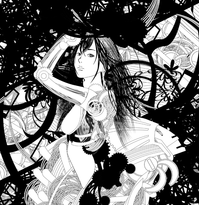 kazaana, abstract, android, black hair, gears, greyscale, long hair, monochrome, solo, surreal
