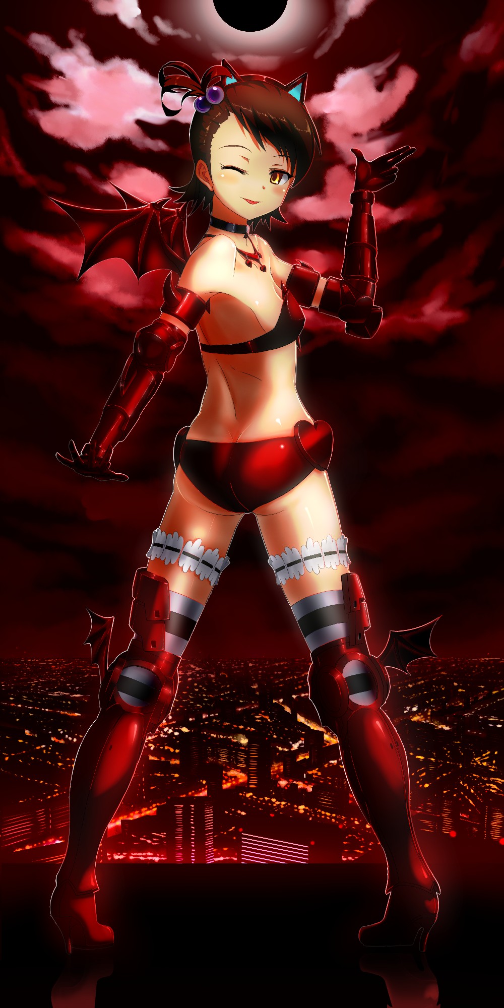 namidate, futami ami, idolmaster, idolmaster (classic), highres, long image, tall image, 00s, 1girl, :p, animal ears, ass, bare shoulders, bat wings, blush, boots, brown eyes, brown hair, choker, city, cityscape, cloud, demon girl, eclipse, elbow gloves, female focus, flat chest, frilled thigh strap, from behind, gloves, hair bobbles, hair ornament, high heels, jewelry, looking back, necklace, night, nightmare blood, one eye closed, red sky, shoes, short hair, side ponytail, sky, solo, striped clothes, striped thighhighs, thigh boots, thigh strap, thighhighs, tongue, tongue out, wings, wink, yellow eyes