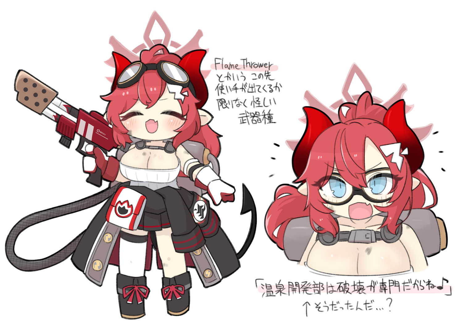 miranofuudoria, megu (blue archive), blue archive, translation request, 1girl, :d, ^ ^, arrow (symbol), black boots, black jacket, black skirt, blue eyes, boots, breasts, chibi, cleavage, closed eyes, clothes around waist, demon girl, demon horns, demon tail, dirty, fang, flamethrower, fold-over boots, goggles, goggles on head, gun, hair between eyes, hair ornament, halo, holding, holding gun, holding weapon, horns, jacket, jacket around waist, large breasts, long hair, multiple views, open mouth, pleated skirt, pointy ears, ponytail, red hair, simple background, skirt, smile, tail, thighhighs, thighhighs under boots, v-shaped eyebrows, very long hair, weapon, white background, white thighhighs