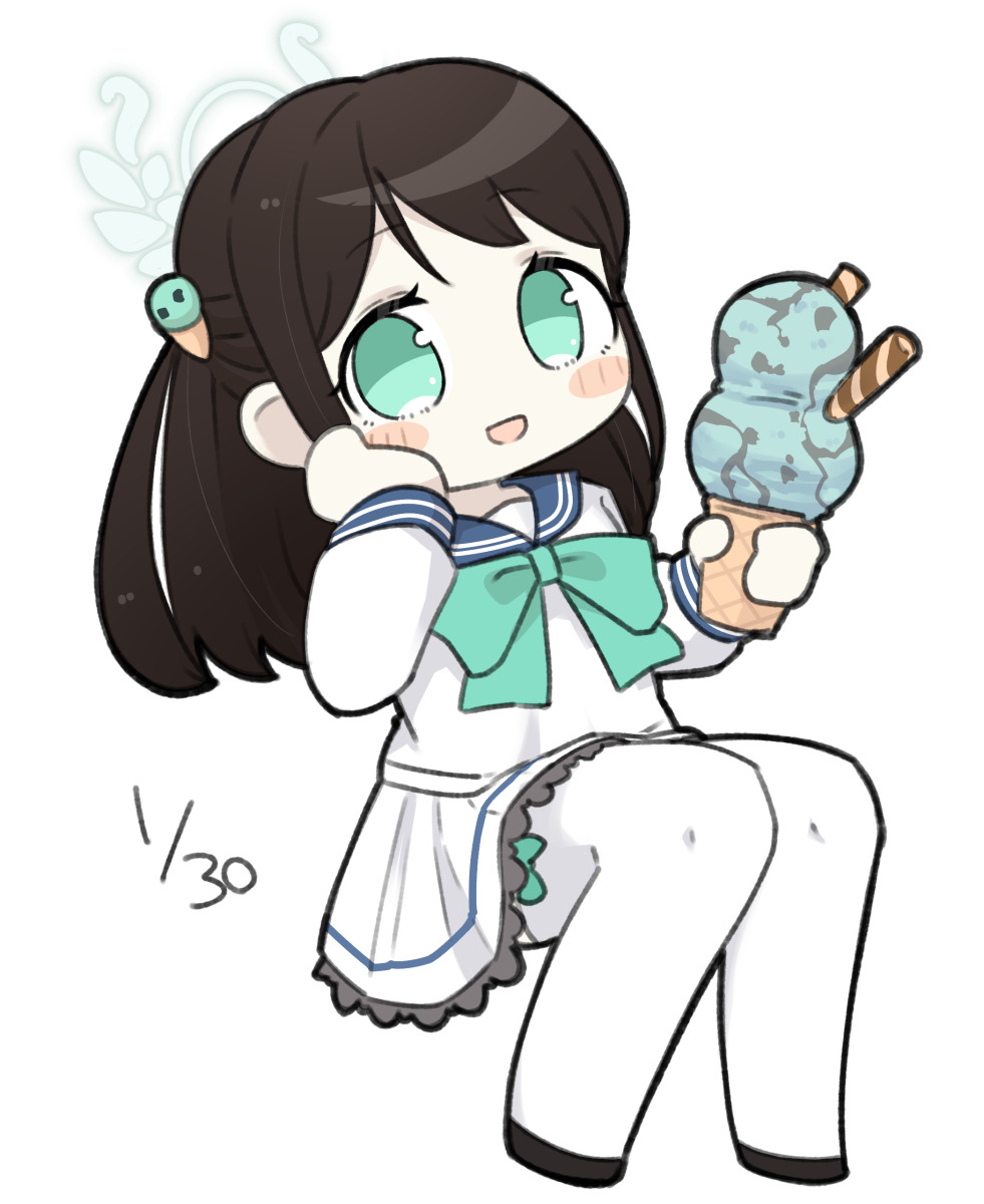 miranofuudoria, airi (blue archive), blue archive, highres, 1girl, black hair, black shoes, blue bow, blue sailor collar, bow, chibi, dated, food, food-themed hair ornament, full body, green eyes, hair ornament, halo, holding, holding food, ice cream, ice cream cone, ice cream hair ornament, long hair, looking at viewer, multiple scoops, one side up, pleated skirt, sailor collar, shirt, shoes, simple background, sitting, skirt, solo, thighhighs, wafer stick, white background, white shirt, white skirt, white thighhighs