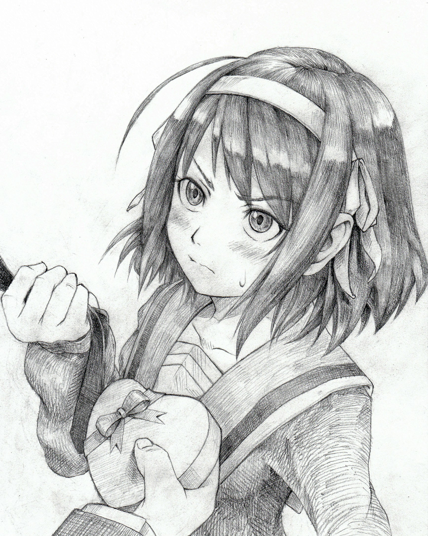 voyager (artist), suzumiya haruhi, suzumiya haruhi no yuuutsu, bad id, bad pixiv id, traditional media, 00s, 1girl, blush, clothes grab, female focus, gift, greyscale, hair ribbon, holding, holding gift, monochrome, necktie, necktie grab, neckwear grab, ribbon, school uniform, serafuku, solo, tsundere, valentine