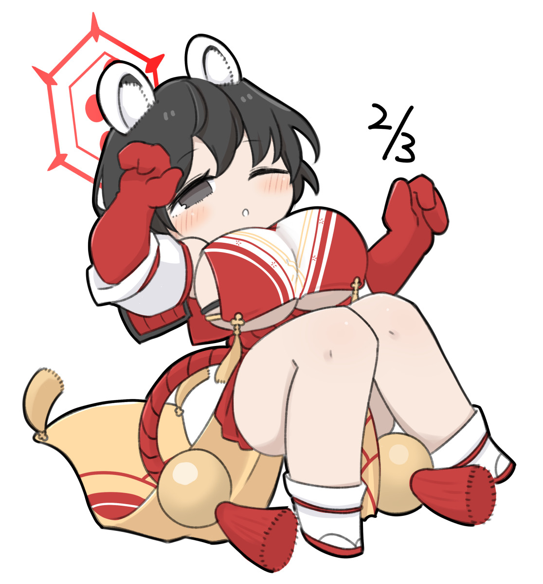 miranofuudoria, tsubaki (blue archive), blue archive, highres, 1girl, ;d, arm up, bare shoulders, black hair, breasts, chibi, dated, elbow gloves, gloves, grey eyes, half-closed eye, halo, large breasts, looking at viewer, one eye closed, open mouth, parted lips, pleated skirt, puffy short sleeves, puffy sleeves, red gloves, red sandals, red skirt, sandals, short hair, short sleeves, simple background, skirt, smile, socks, solo, tabi, white background, white sleeves, white socks, zouri