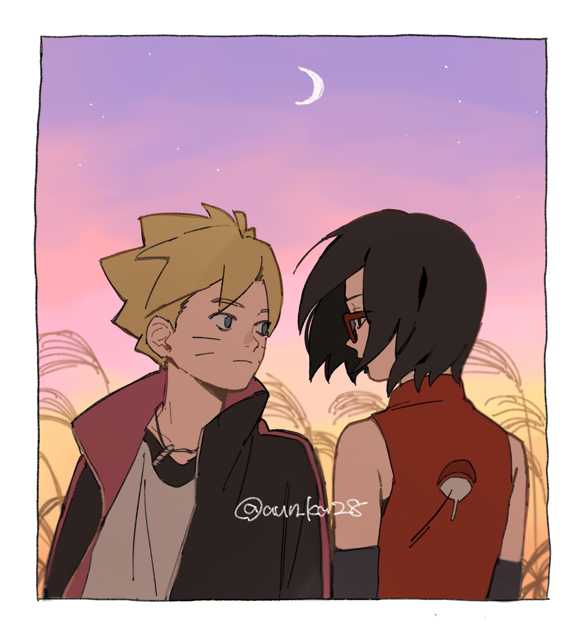 onka (aun ka28), uchiha sarada, uzumaki boruto, boruto: naruto next generations, naruto (series), highres, 1boy, 1girl, black hair, black jacket, blonde hair, blue eyes, crescent moon, detached sleeves, expressionless, eye contact, glasses, jacket, jewelry, light frown, looking at another, moon, necklace, purple sky, red-framed eyewear, short hair, sky, star (sky), twitter username, uchiha symbol