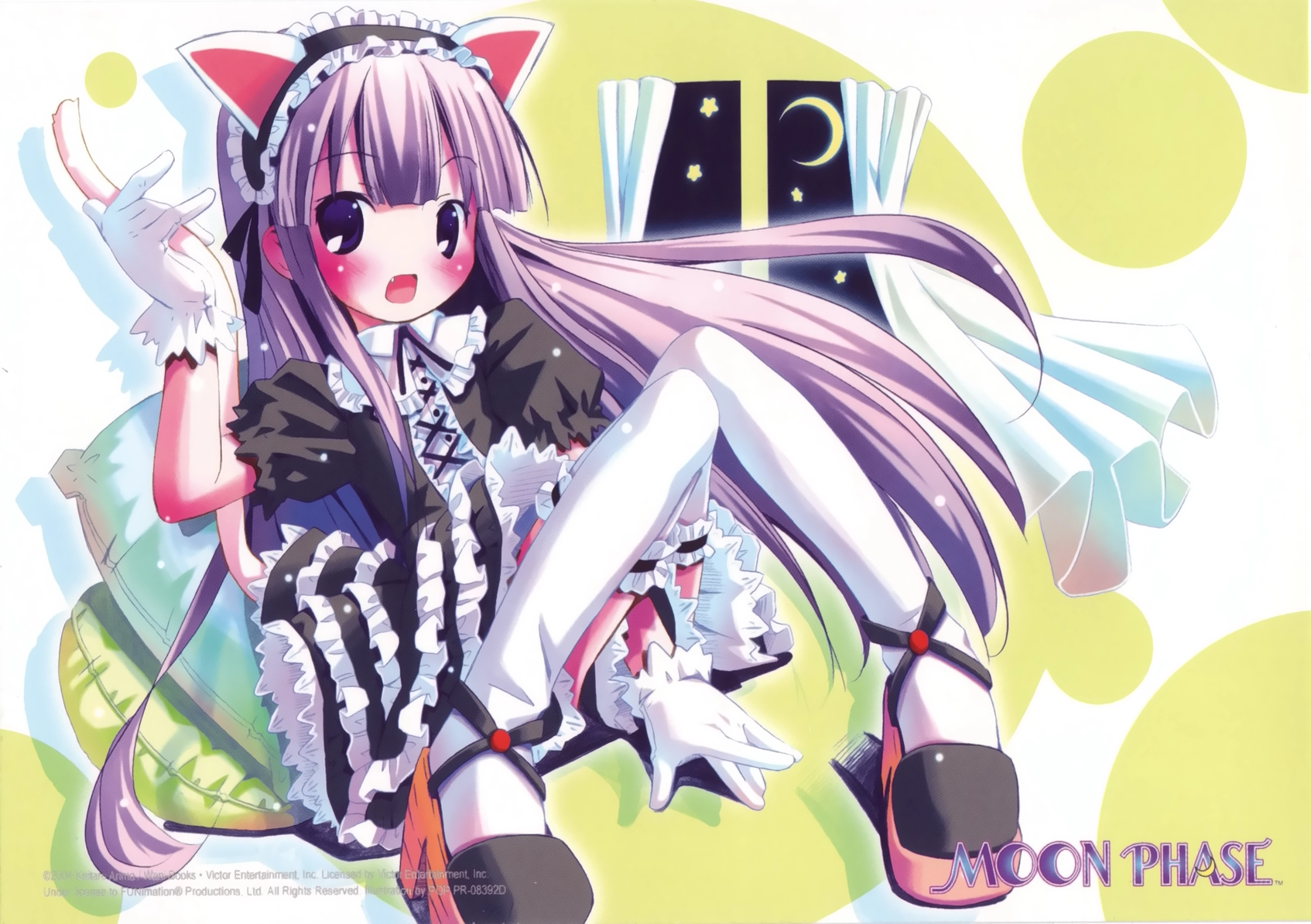 pop, hazuki (tsukuyomi), tsukuyomi moonphase, highres, scan, 00s, 1girl, animal ears, cat ears, cat tail, dress, fake animal ears, fang, female focus, gothic lolita, lolita fashion, pillow, solo, tail, thighhighs