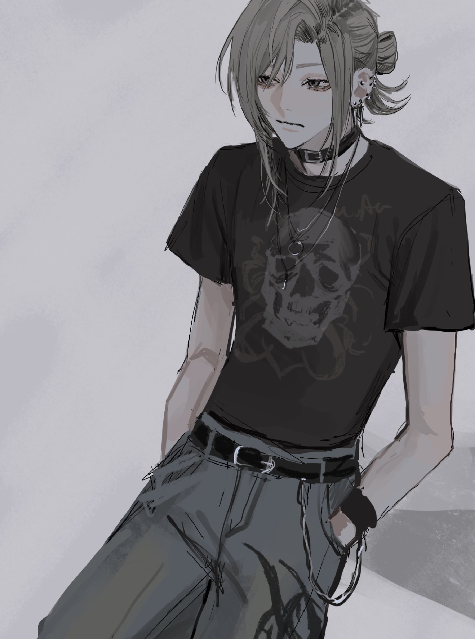 original, commentary, highres, 1boy, belt, belt collar, black belt, black choker, black shirt, choker, closed mouth, collar, cowboy shot, denim, ear piercing, grey background, grey eyes, grey hair, hair between eyes, hair bun, hands in pockets, jeans, jewelry, leaning back, looking ahead, mizooti 0, necklace, pants, parted bangs, piercing, print shirt, shirt, short sleeves, simple background, solo, wristband