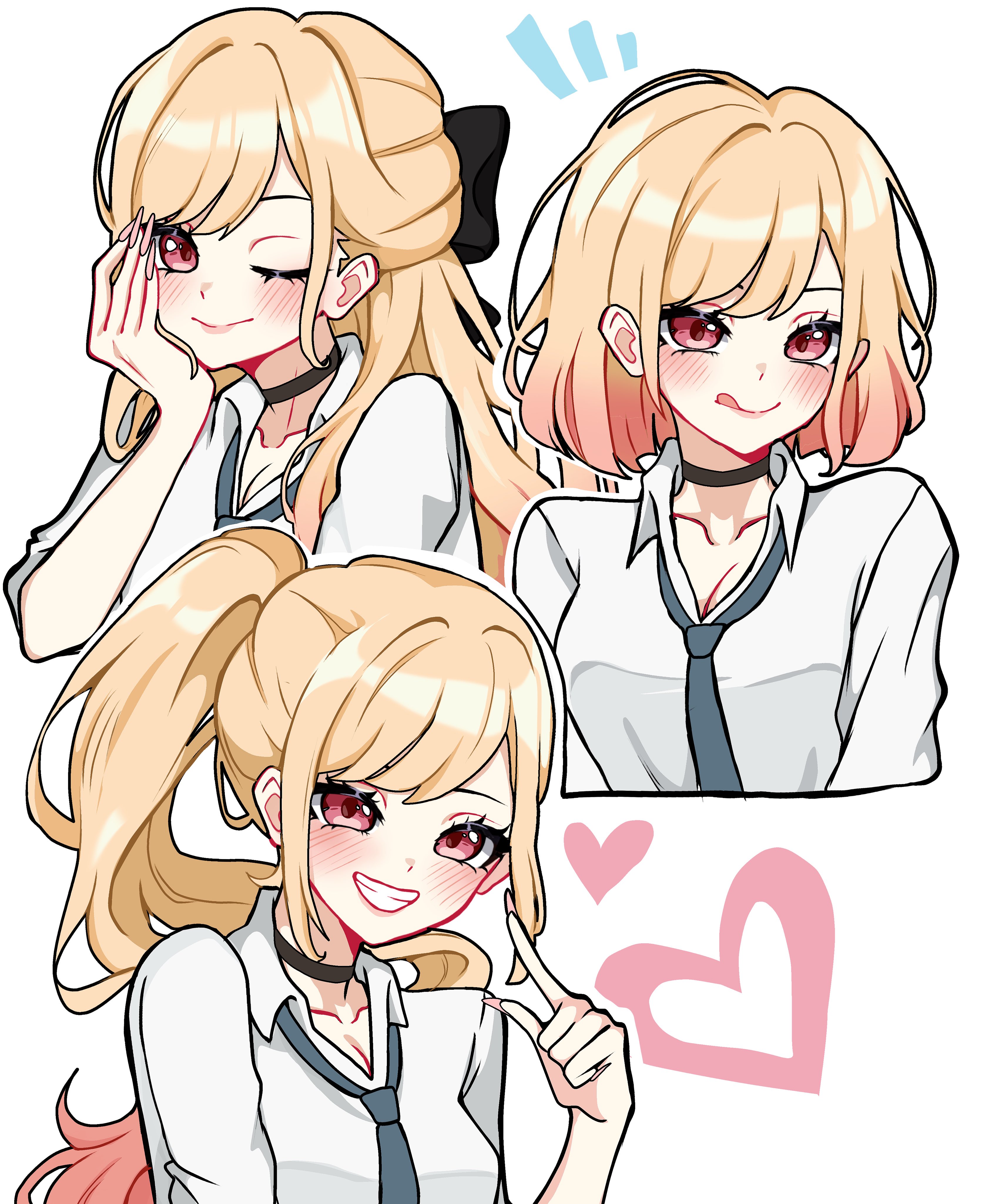 miovartz, kitagawa marin, sono bisque doll wa koi wo suru, absurdres, highres, 1girl, black bow, black choker, blonde hair, blush, bow, breasts, choker, cleavage, collared shirt, colored tips, cropped torso, fingernails, gradient hair, grey necktie, grin, hair bow, half updo, hand on own cheek, hand on own face, long fingernails, long hair, medium breasts, multicolored hair, multiple views, necktie, one eye closed, pink eyes, pink hair, pink nails, ponytail, shirt, short hair, smile, teeth, tongue, tongue out, upper body, white background, white shirt