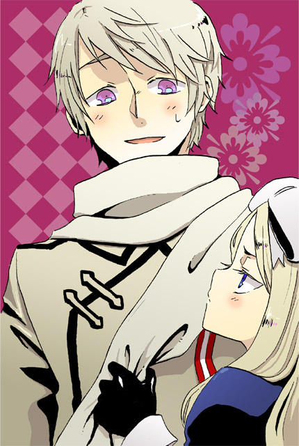 inu neko, inuneko (dcwn), belarus (hetalia), russia (hetalia), axis powers hetalia, silver hair, 00s, 1boy, 1girl, blue eyes, blush, gloves, purple eyes, scarf, siblings, sweatdrop