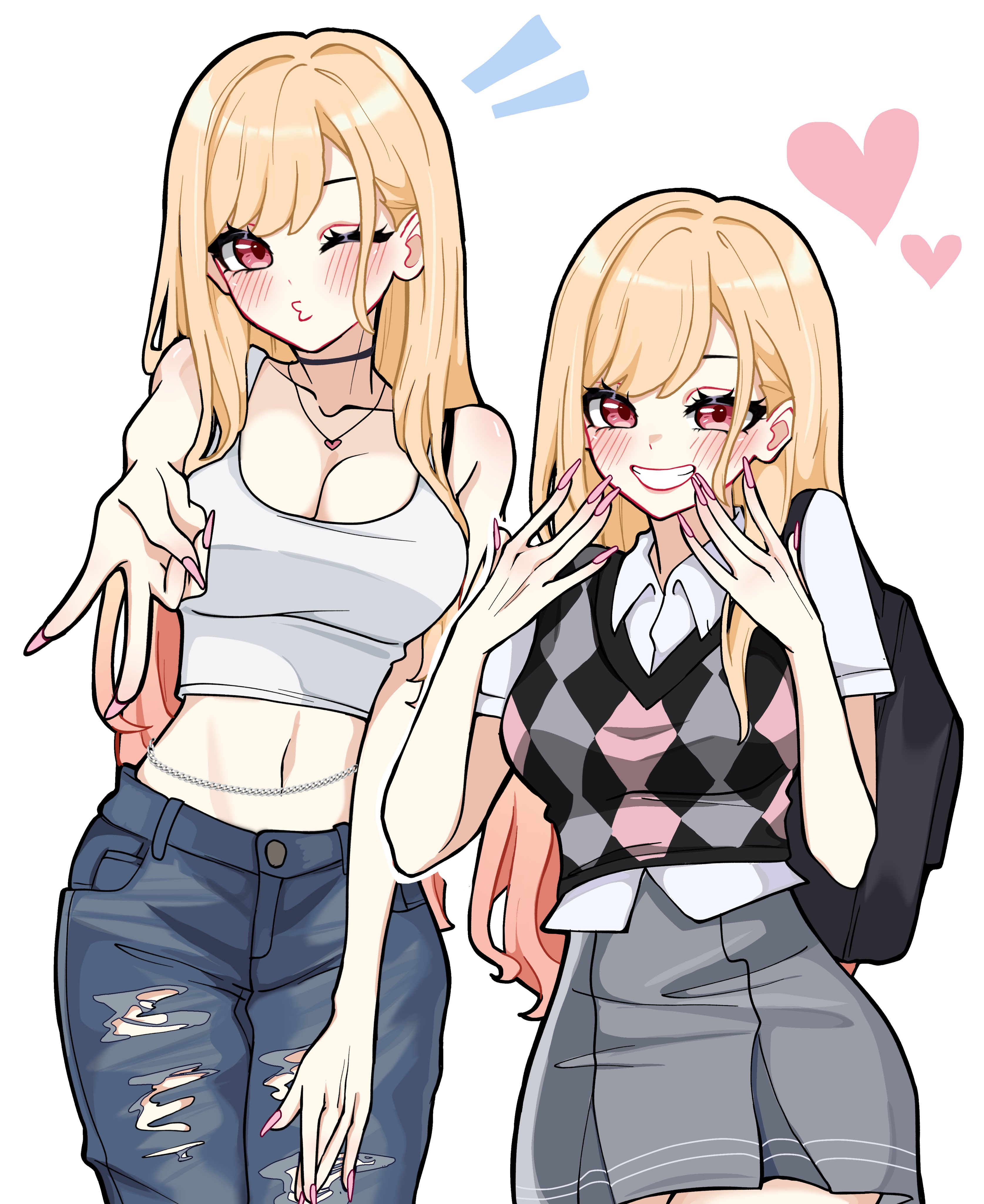 miovartz, kitagawa marin, sono bisque doll wa koi wo suru, absurdres, highres, 1girl, argyle clothes, argyle sweater vest, bare shoulders, belly chain, blonde hair, blue pants, blush, breasts, casual, cleavage, collared shirt, colored tips, cowboy shot, crop top, fingernails, gradient hair, grey skirt, grin, hands on own cheeks, hands on own face, heart, heart necklace, jewelry, large breasts, long fingernails, long hair, looking at viewer, multicolored hair, multiple views, nail polish, navel, necklace, one eye closed, pants, pink eyes, pink hair, pink nails, puckered lips, shirt, short sleeves, skirt, smile, solo, sweater vest, teeth, torn clothes, torn pants, white background, white shirt