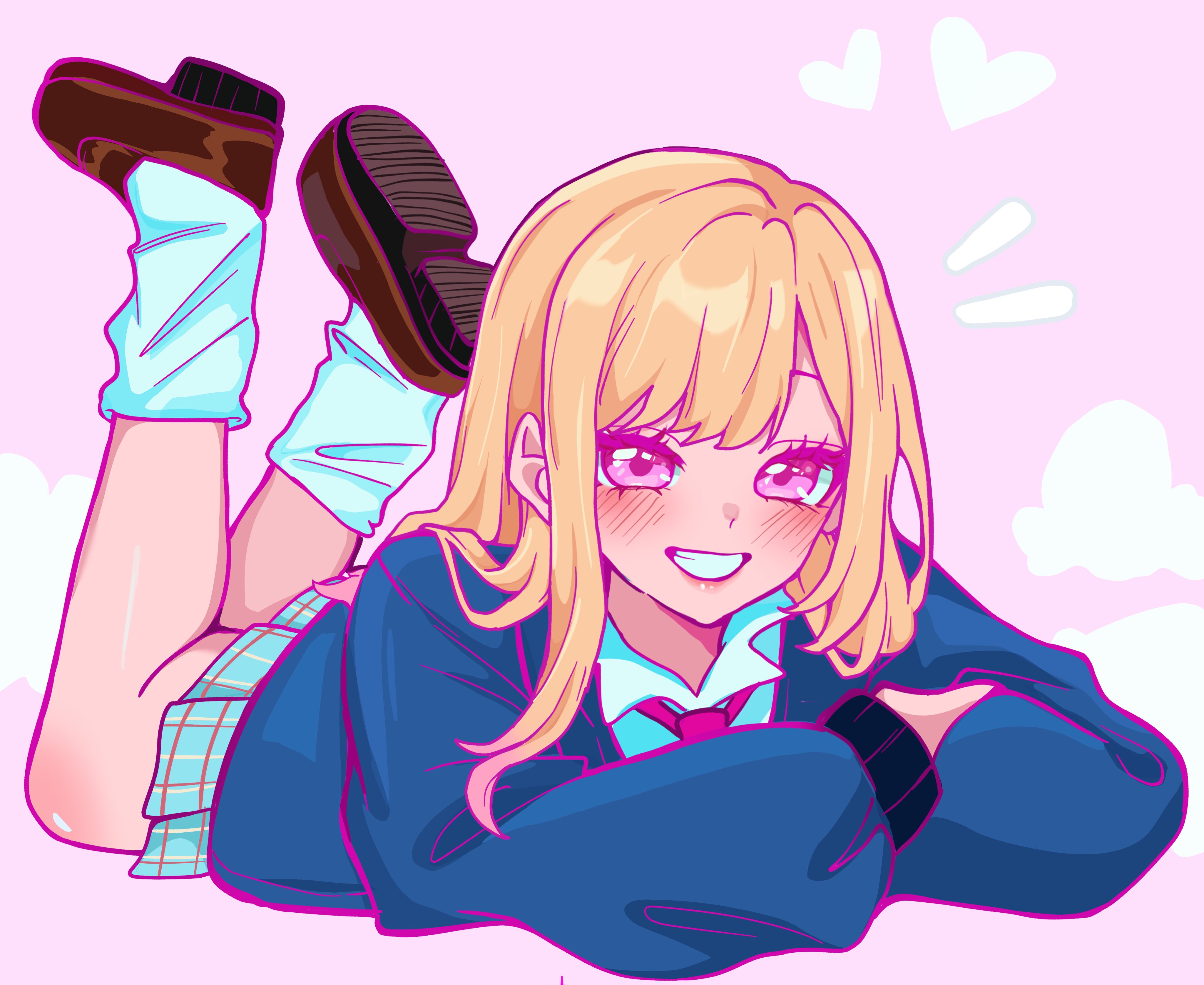 miovartz, kitagawa marin, sono bisque doll wa koi wo suru, absurdres, highres, 1girl, aqua skirt, blonde hair, blue sweater, blush, brown shoes, collared shirt, crossed arms, full body, grin, loafers, long hair, loose socks, lying, necktie, on stomach, pink background, pink eyes, plaid clothes, plaid skirt, red necktie, shirt, shirt under sweater, shoes, skirt, smile, socks, solo, sweater, teeth, white shirt, white socks