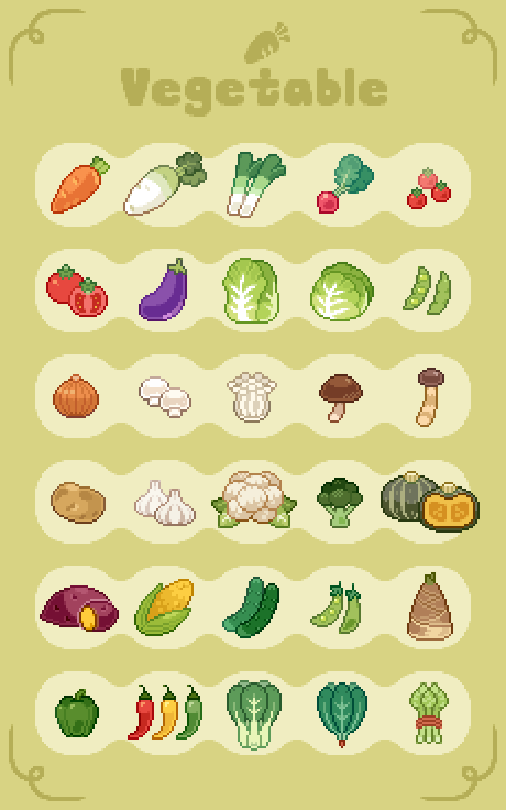 chansui (ginping0602), original, commentary, english commentary, food request, asparagus, bell pepper, broccoli, carrot, cauliflower, corn, eggplant, food, food focus, garlic, green background, mushroom, no humans, onion, pea pod, pickle, pixel art, potato, radish, spring onion, squash, tomato, turnip, vegetable
