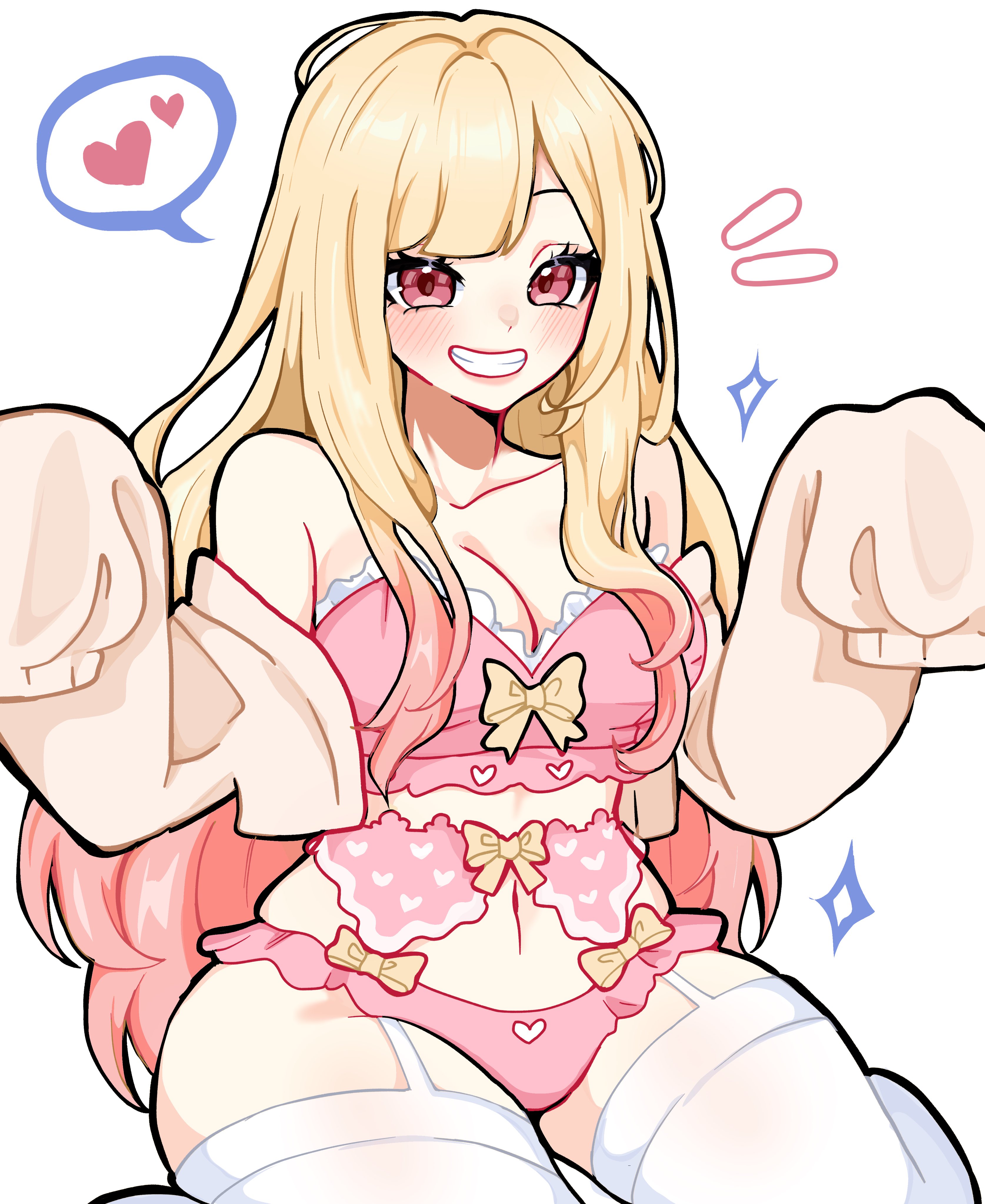 miovartz, sono bisque doll wa koi wo suru, absurdres, highres, 1girl, bare shoulders, blonde hair, blush, bra, breasts, cardigan, cardigan partially removed, cleavage, collarbone, colored tips, feet out of frame, garter belt, garter straps, gradient hair, grin, heart, kneeling, large breasts, long hair, midriff, multicolored hair, navel, panties, pink bra, pink eyes, pink hair, pink panties, sleeves past fingers, sleeves past wrists, smile, solo, spoken heart, teeth, thighhighs, underwear, white background, white cardigan, white thighhighs