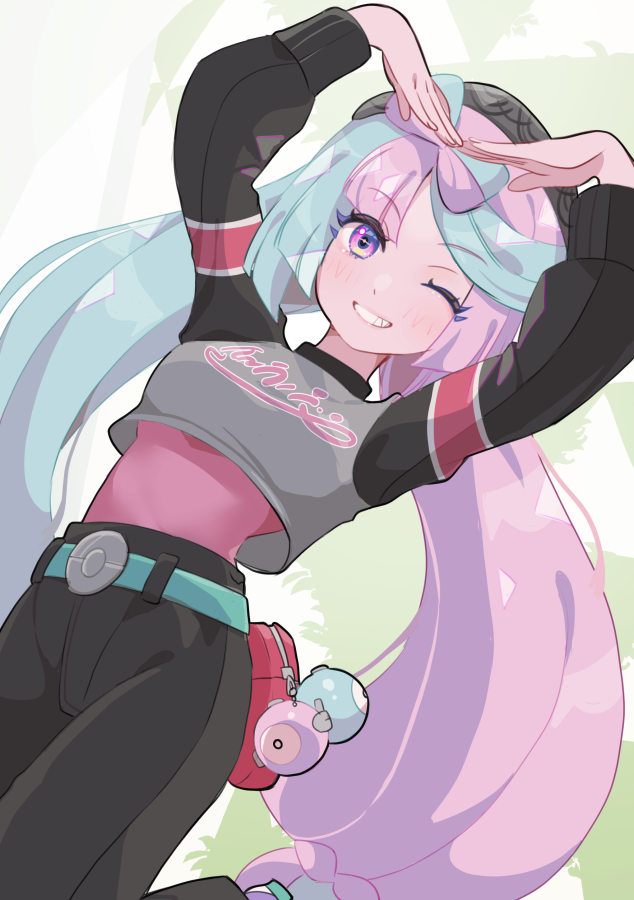 mizuiro123, iono (pokemon), nintendo, pokemon, pokemon sv, 1girl, alternate costume, alternate hairstyle, belt, belt pouch, black sleeves, blue belt, blue hair, blush, bodysuit, bodysuit under clothes, bow-shaped hair, breasts, cropped shirt, grey shirt, hat, heart arms, long hair, long sleeves, looking at viewer, medium breasts, multicolored hair, one eye closed, open mouth, pants, pantyhose, pink bodysuit, pink hair, pouch, shirt, smile, solo, teeth, twintails, two-tone hair