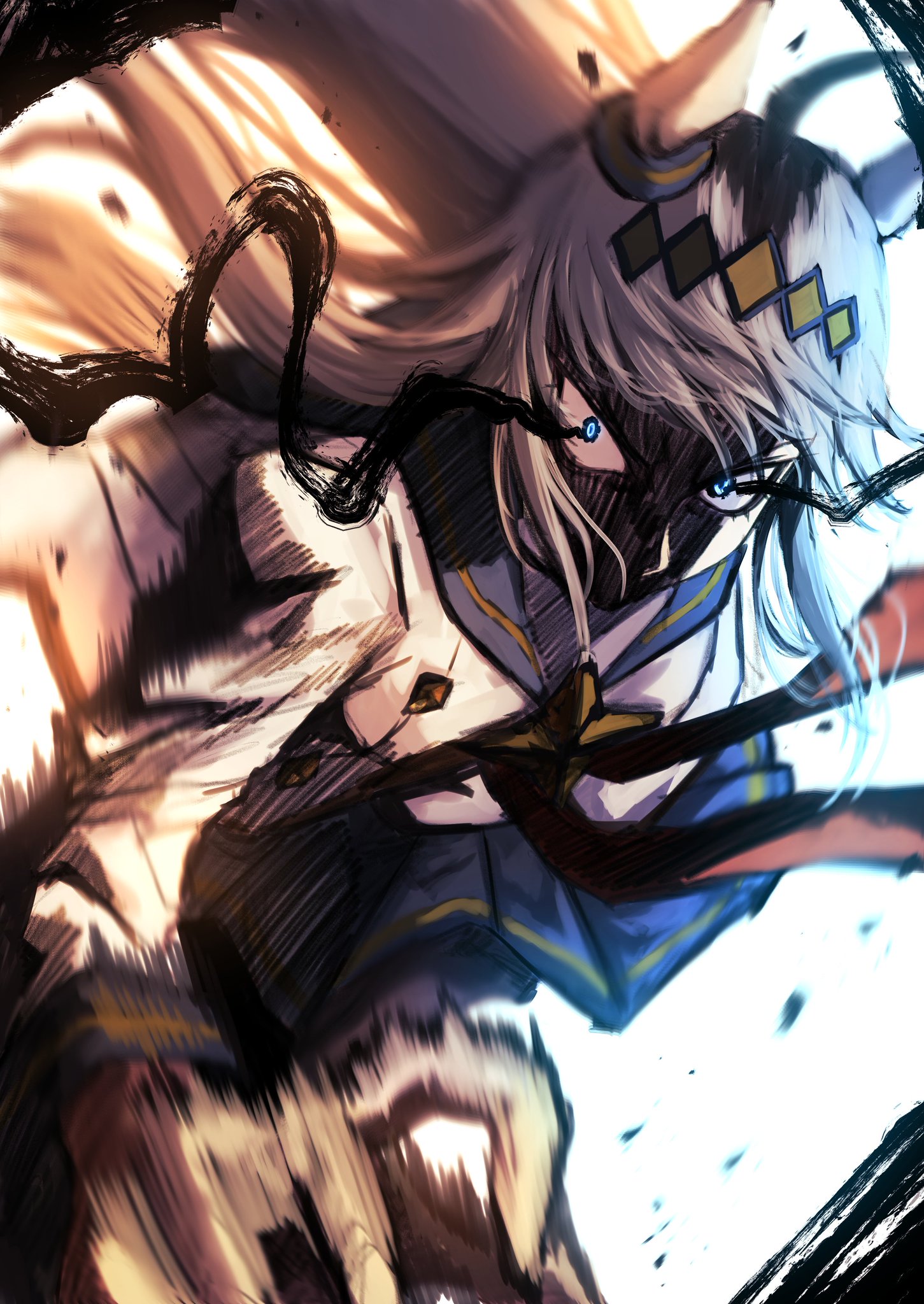 hasewo, oguri cap (starlight beat) (umamusume), oguri cap (umamusume), umamusume, highres, 1girl, ahoge, animal ears, blue eyes, blue sailor collar, blue skirt, brooch, ear ornament, eye trail, grey hair, grey tail, hair between eyes, hairband, horse ears, horse girl, horse tail, jacket, jewelry, light trail, long hair, long sleeves, looking at viewer, multicolored hair, neckerchief, pleated skirt, red neckerchief, running, sailor collar, shaded face, shirt, skirt, solo, star brooch, tail, white jacket, white shirt