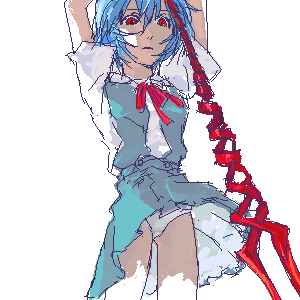 ayanami rei, neon genesis evangelion, lowres, 1girl, blue hair, female focus, lance of longinus (evangelion), oekaki, panties, red eyes, school uniform, solo, underwear