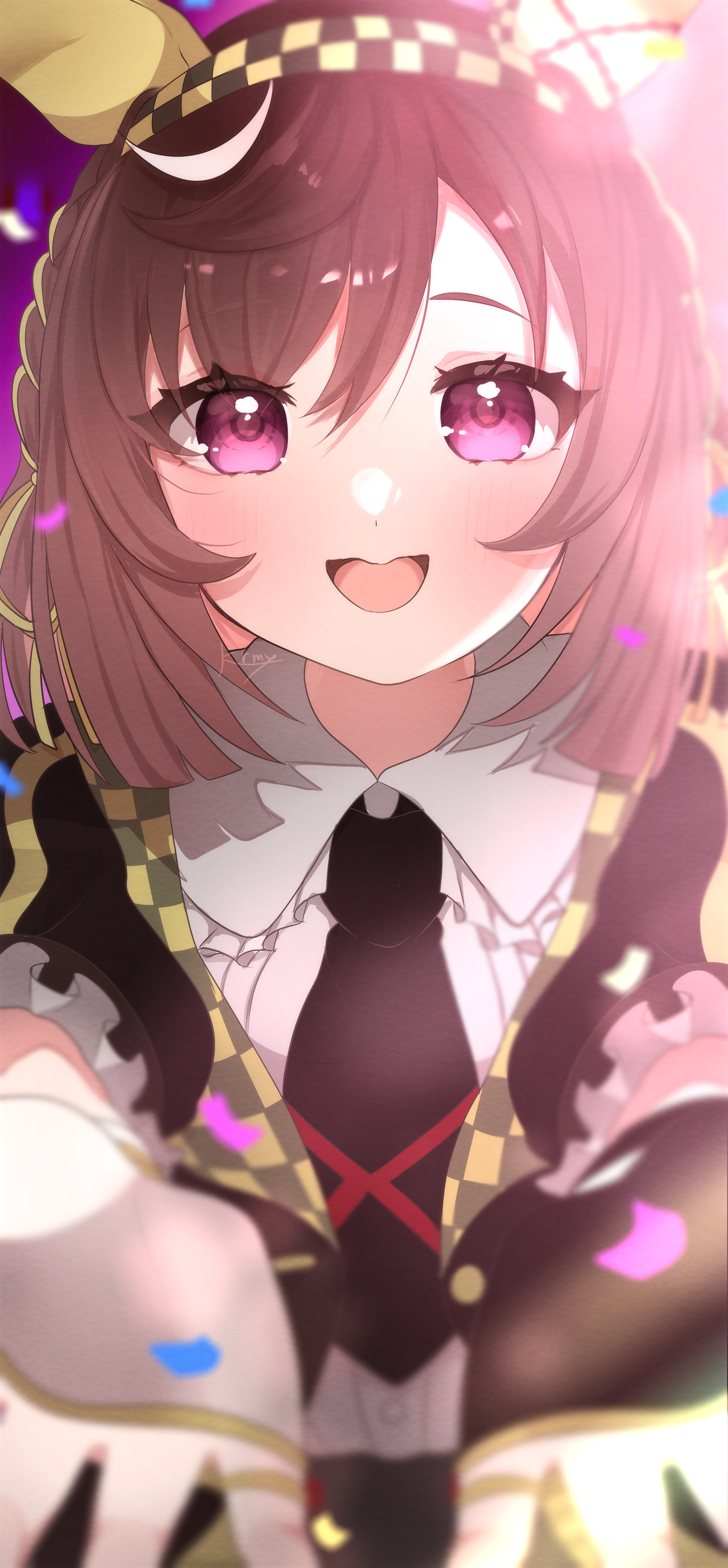 kurumiya (krmy p), buena vista (heroina inocente) (umamusume), buena vista (umamusume), umamusume, absurdres, highres, 1girl, animal ears, asymmetrical gloves, black gloves, black jacket, black necktie, blush, braid, breasts, brown hair, checkered hairband, collared shirt, confetti, ear covers, fingerless gloves, gloves, hair between eyes, hairband, headband, horse ears, horse girl, jacket, looking at viewer, medium hair, mismatched gloves, necktie, open mouth, outstretched arms, purple eyes, shirt, smile, solo, upper body, white gloves, white shirt