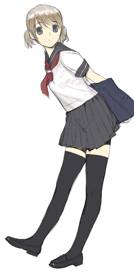 mibu natsuki, original, black thighhighs, full body, holding, holding behind back, legs, school uniform, serafuku, simple background, skirt, solo, standing, thighhighs, white background, zettai ryouiki