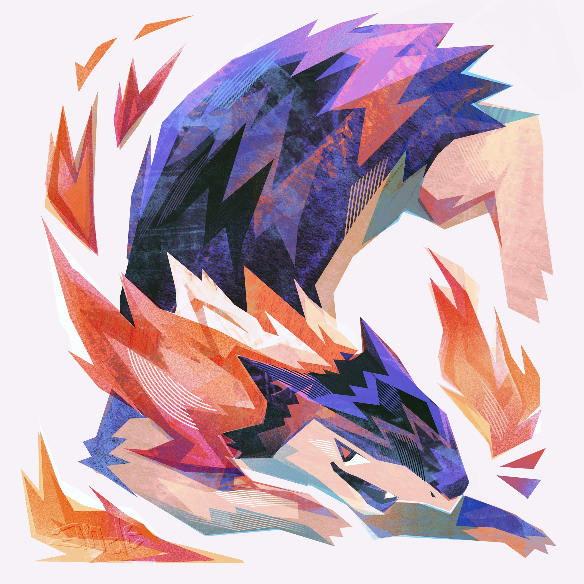 andewitt, typhlosion, nintendo, pokemon, highres, fang, fire, full body, gen 2 pokemon, looking at viewer, no humans, open mouth, pokemon (creature), pokemon focus, red eyes, simple background, smile, solo