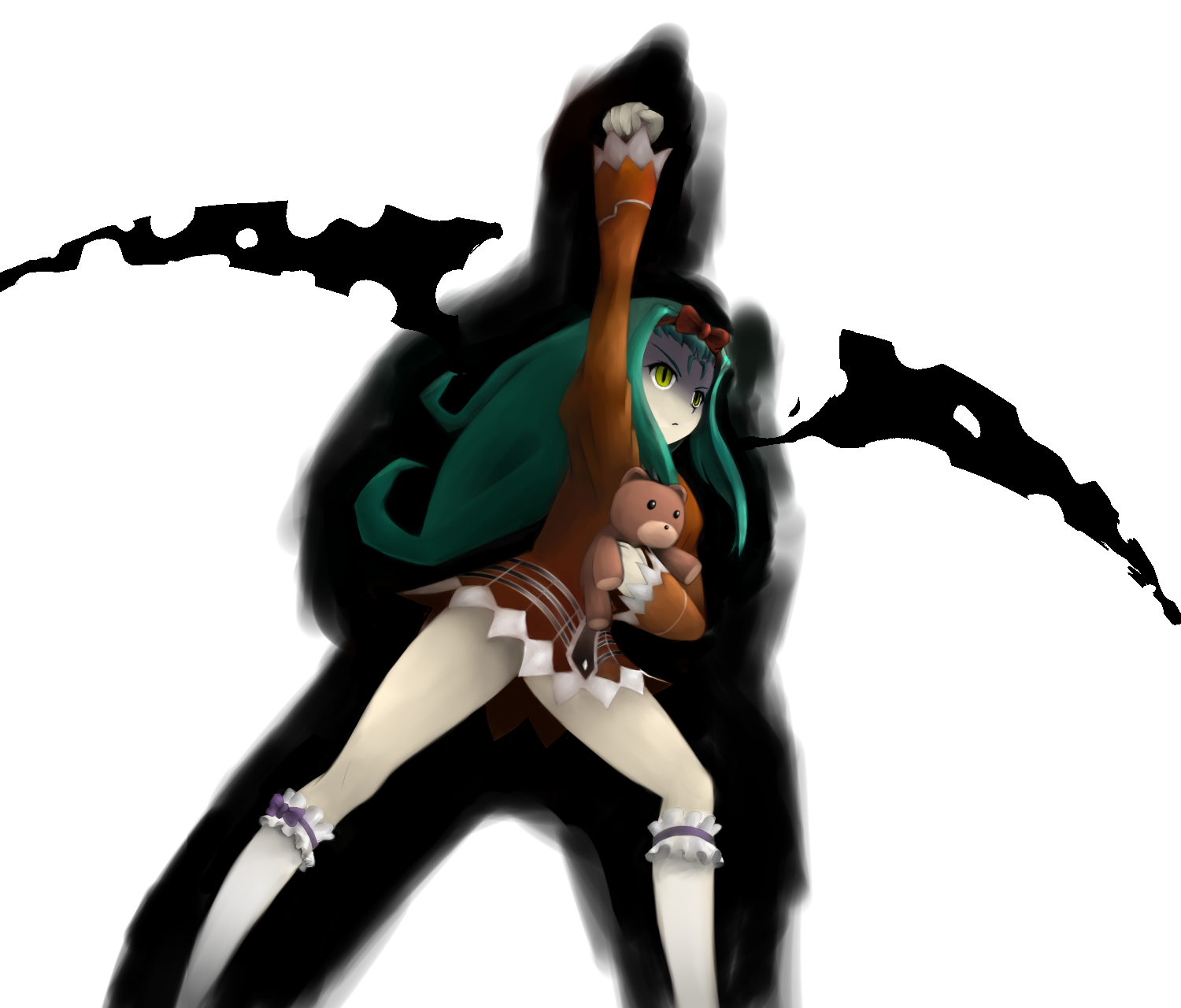 lilith (vanpri), vanguard princess, bad id, bad pixiv id, character request, highres, 1girl, aura, battle aura, bow, clenched hand, dress, female focus, green eyes, green hair, hair bow, kneehighs, legs, long hair, matching hair/eyes, raised fist, short dress, socks, solo, stuffed animal, stuffed toy, teddy bear