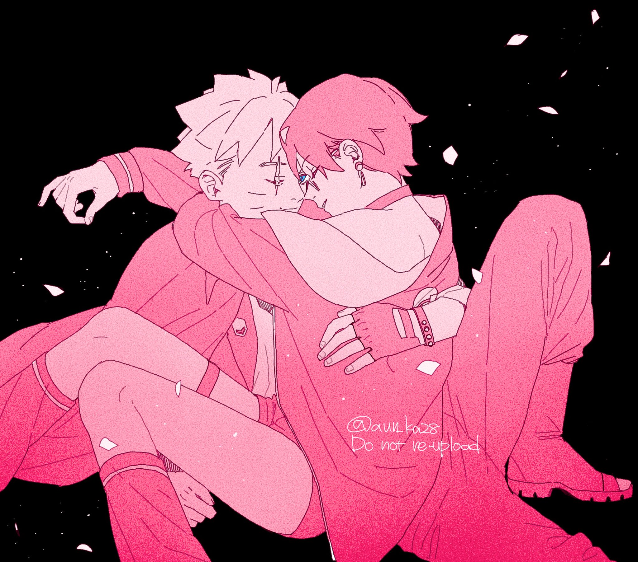 onka (aun ka28), uchiha sarada, uzumaki boruto, boruto: two blue vortex, naruto (series), commentary, highres, symbol-only commentary, 1boy, 1girl, arm around waist, arms around neck, blue eyes, boots, choker, closed eyes, collared cape, earrings, facial mark, fingerless gloves, gloves, hetero, jacket, jewelry, knees together feet apart, limited palette, looking at viewer, loose socks, one eye closed, open-toe boots, pants, petals, pink theme, scar, scar across eye, scar on face, short hair, single fingerless glove, smile, socks, spot color, thigh strap, whisker markings