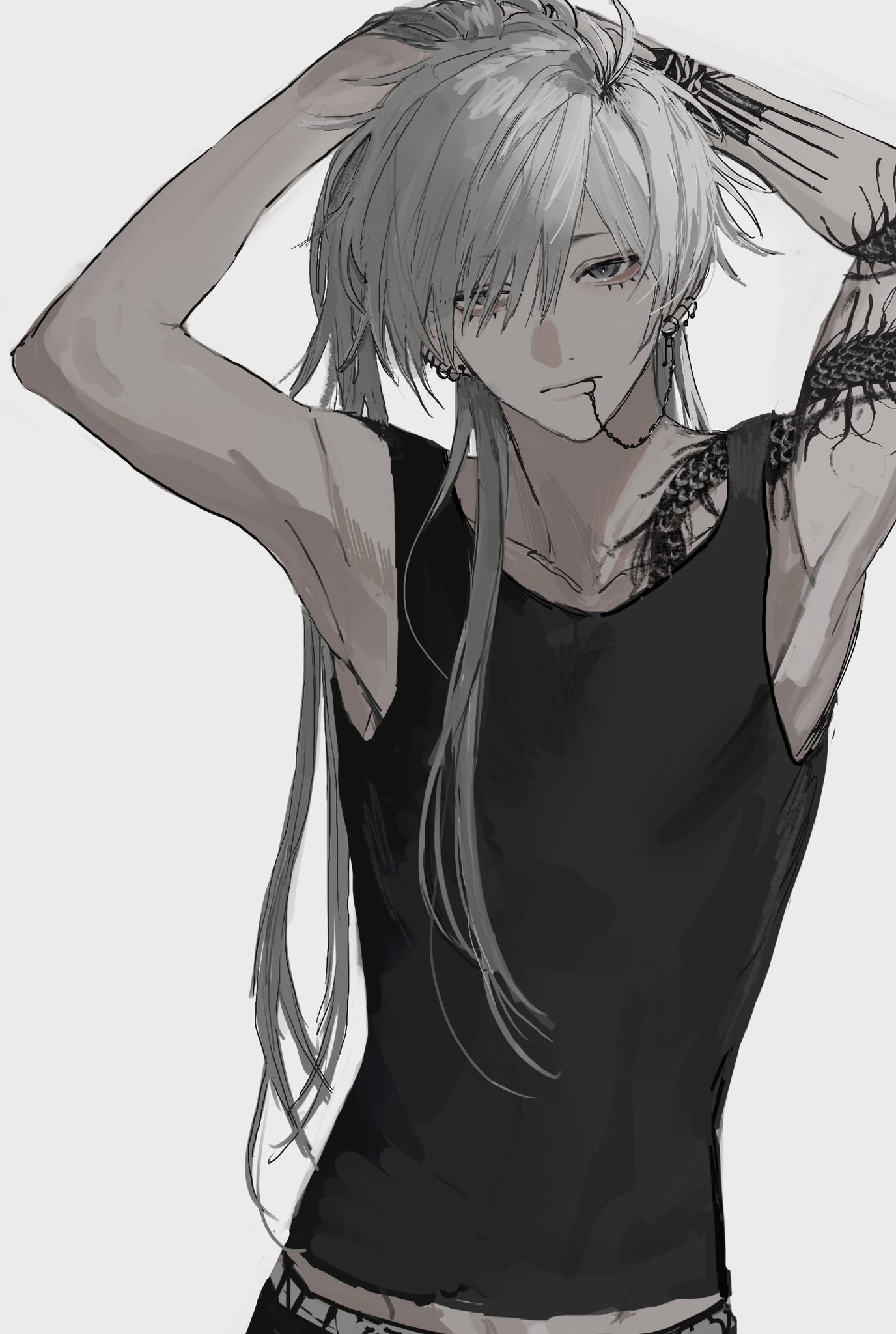original, highres, 1boy, arm tattoo, arms up, black tank top, closed mouth, ear piercing, face piercing, grey background, grey eyes, lip piercing, long hair, looking at viewer, male focus, midriff peek, mizooti 0, piercing, simple background, solo, tank top, tattoo, tying hair, upper body, white hair
