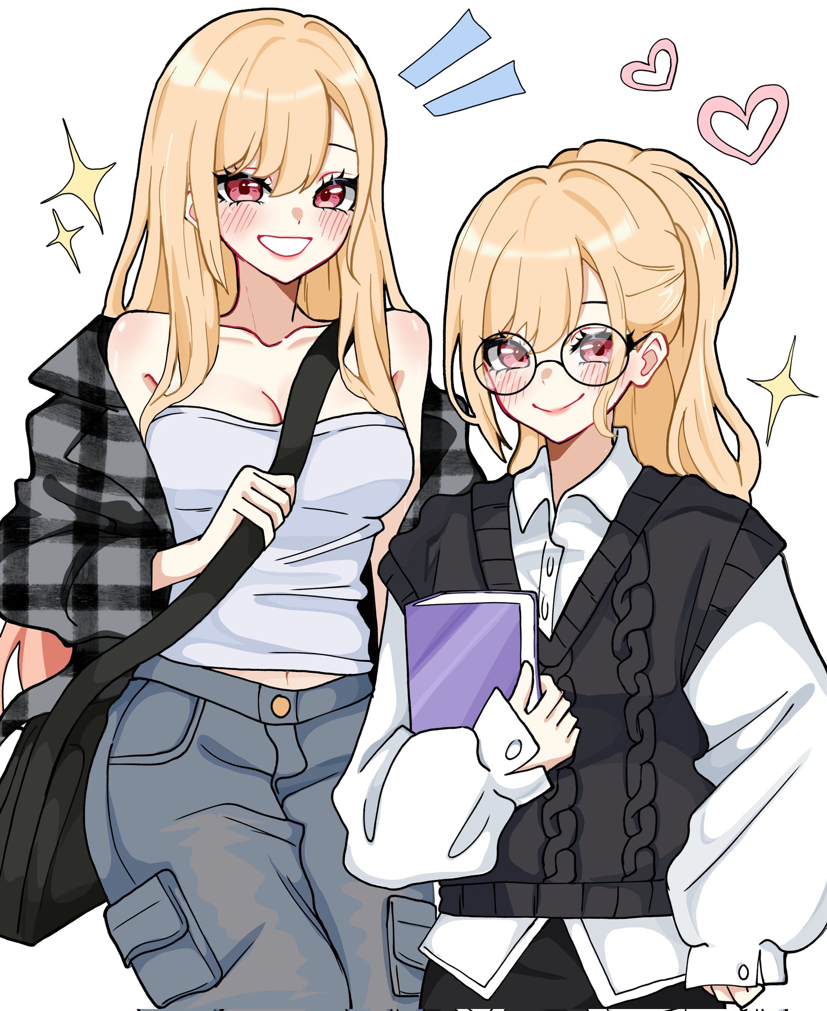 miovartz, kitagawa marin, sono bisque doll wa koi wo suru, highres, 1girl, bag, bare shoulders, black bag, black pants, black sweater vest, blonde hair, blush, book, breasts, cleavage, closed mouth, collared shirt, glasses, grey pants, holding, holding book, large breasts, long hair, looking at viewer, midriff peek, multiple views, pants, parted lips, pink eyes, plaid clothes, plaid shirt, round eyewear, shirt, shirt partially removed, shirt under sweater, shoulder bag, smile, solo, sparkle, strapless, sweater vest, tube top, white background, white shirt