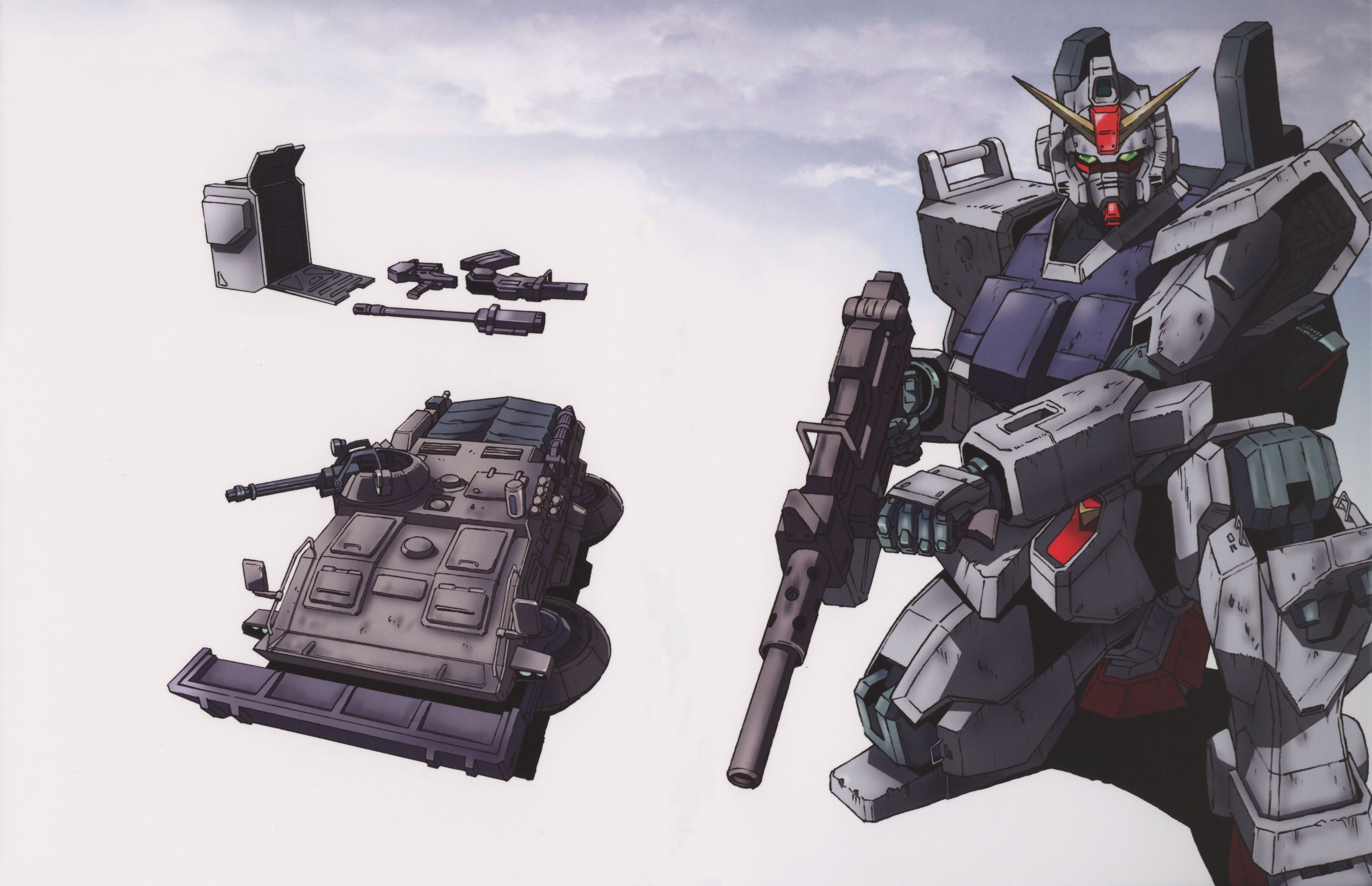 katoki hajime, ground gundam, gundam, gundam 08th ms team, absurdres, highres, key visual, official art, promotional art, traditional media, 1990s (style), after battle, armored vehicle, bloodhound (gundam), box, chest cannon, container, dirty, earth federation, gatling gun, green eyes, gun, holding, holding gun, holding weapon, kneeling, machine gun, machinery, magazine (weapon), mecha, mecha focus, mobile suit, open hatch, production art, realistic, retro artstyle, robot, science fiction, tank turret, v-fin, weapon