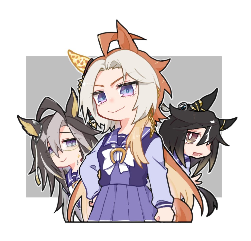 beer hsk, dream journey (umamusume), orfevre (umamusume), stay gold (umamusume), umamusume, 3girls, ahoge, animal ears, black hair, blue eyes, bow, bowtie, brown eyes, brown hair, closed mouth, ear covers, ear ornament, eyewear strap, glasses, hair between eyes, horse ears, horse girl, horse tail, long hair, long sleeves, looking at viewer, multicolored hair, multiple girls, open mouth, orange hair, purple eyes, purple sailor collar, purple serafuku, purple shirt, purple skirt, sailor collar, sailor shirt, school uniform, serafuku, shirt, single ear cover, skirt, smile, streaked hair, tail, tracen school uniform, two-tone hair, white bow, white bowtie, white hair