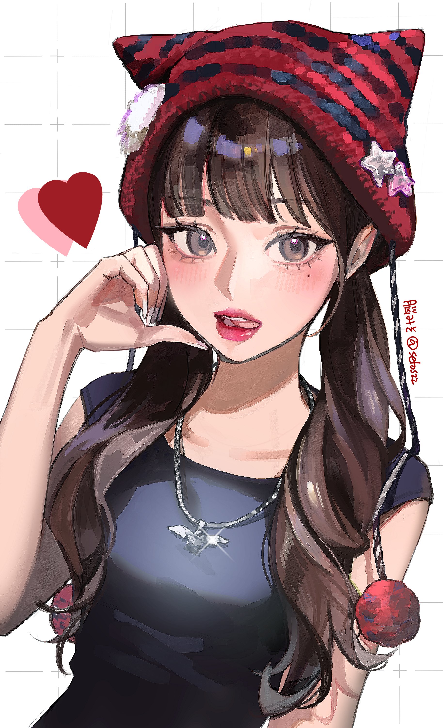 seto jiro, ive (group), stellive, absurdres, character request, commentary, highres, symbol-only commentary, 1girl, artist name, beanie, black hair, black hat, black shirt, blush, breasts, brown eyes, brown hair, collarbone, dutch angle, earflap beanie, fingernails, half-heart hands, hand on own face, hat, heart, jewelry, long fingernails, long hair, looking at viewer, mole, mole under eye, necklace, pink lips, red hat, shirt, simple background, solo, striped clothes, striped headwear, t-shirt, teeth, tongue, twintails, twitter username, upper body, upper teeth only, virtual youtuber, white background, white nails