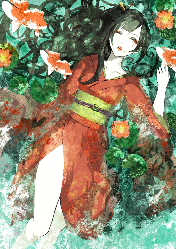 kunimura hakushi, original, bad id, bad pixiv id, black hair, closed eyes, flower, japanese clothes, kimono, lips, long hair, lying, on back, pale skin, solo, water