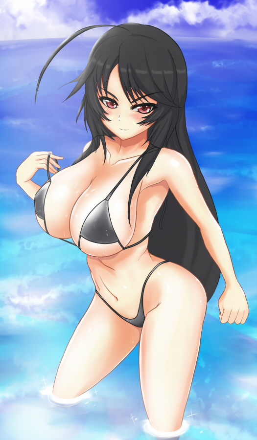 moge, kurokami medaka, medaka box, original, bad id, bad pixiv id, 1girl, ahoge, bikini, black hair, breasts, day, female focus, grey bikini, large breasts, long hair, red eyes, solo, swimsuit, thighs, wading, water