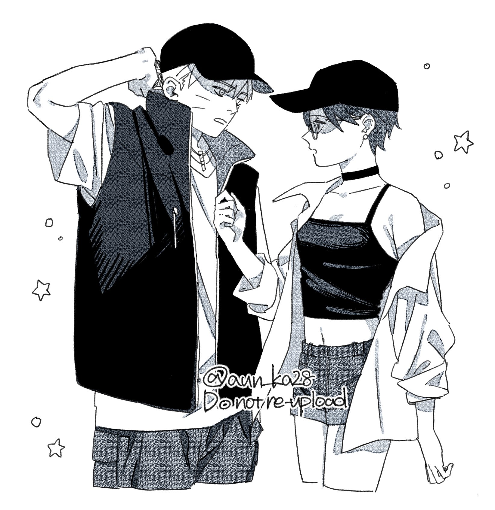 onka (aun ka28), uchiha sarada, uzumaki boruto, boruto: two blue vortex, naruto (series), commentary request, highres, 1boy, 1girl, arm behind head, baseball cap, camisole, cargo pants, choker, earrings, facial mark, hat, jewelry, midriff, navel, necklace, no scar, off shoulder, pants, short hair, short shorts, shorts, star (symbol), twitter username, vest, watermark, whisker markings