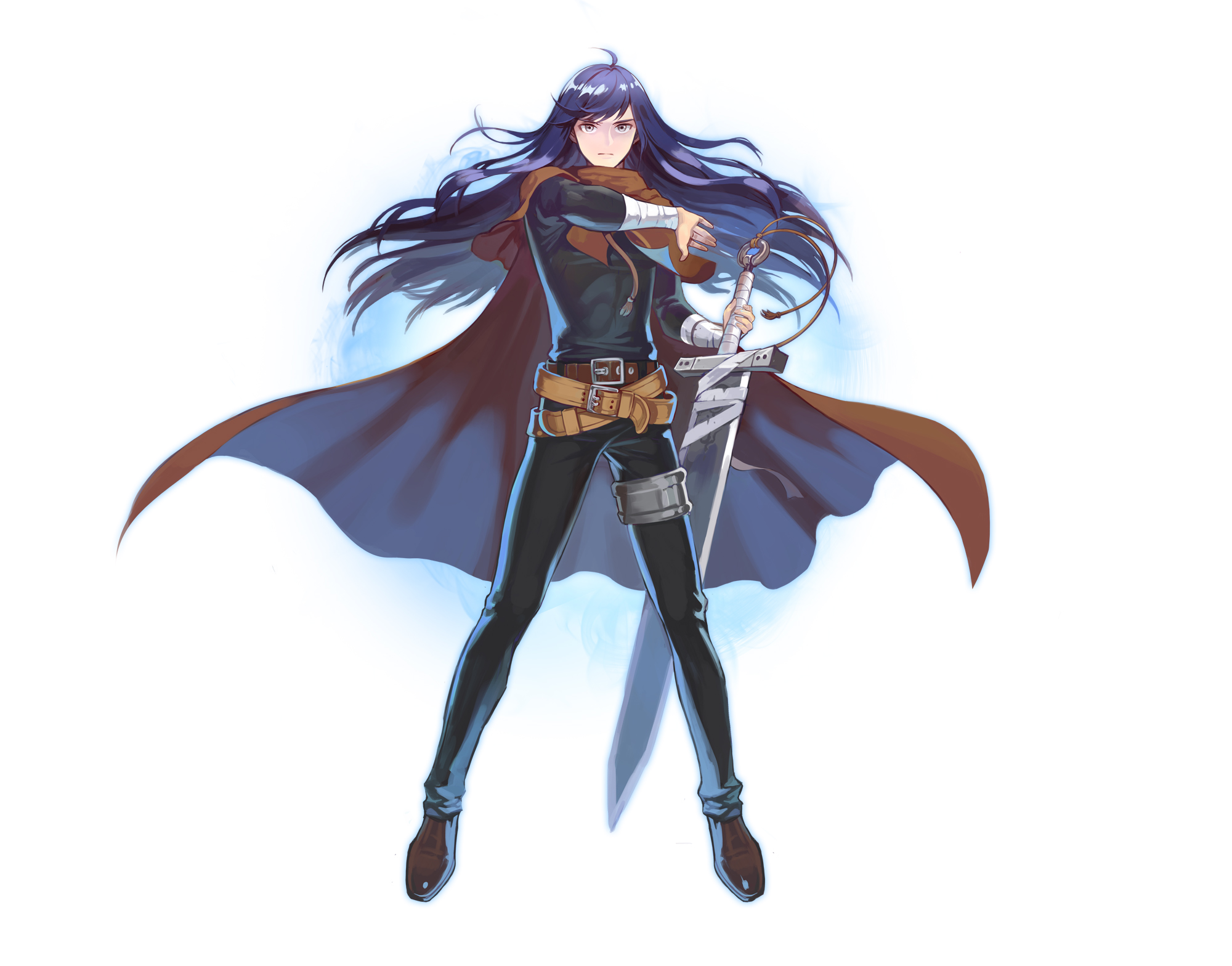 sang ah yoon, boris jinneman, nexon, tales weaver, commentary request, highres, korean commentary, 1boy, ahoge, arm wrap, aura, belt, belt buckle, black pants, black shirt, black sleeves, blue hair, brown belt, brown cape, brown capelet, brown shoes, buckle, cape, capelet, closed mouth, covered abs, crossed belts, english text, expressionless, floating hair, full body, grey eyes, holding, holding sword, holding weapon, huge weapon, left-handed, legs apart, long hair, looking at viewer, male focus, multiple belts, o-ring, official alternate costume, pants, shirt, shoes, silver legwear, simple background, solo, split mouth, standing, straight hair, sword, sword tassel, tassel, three-quarter sleeves, turtleneck, turtleneck capelet, watermark, weapon, white background