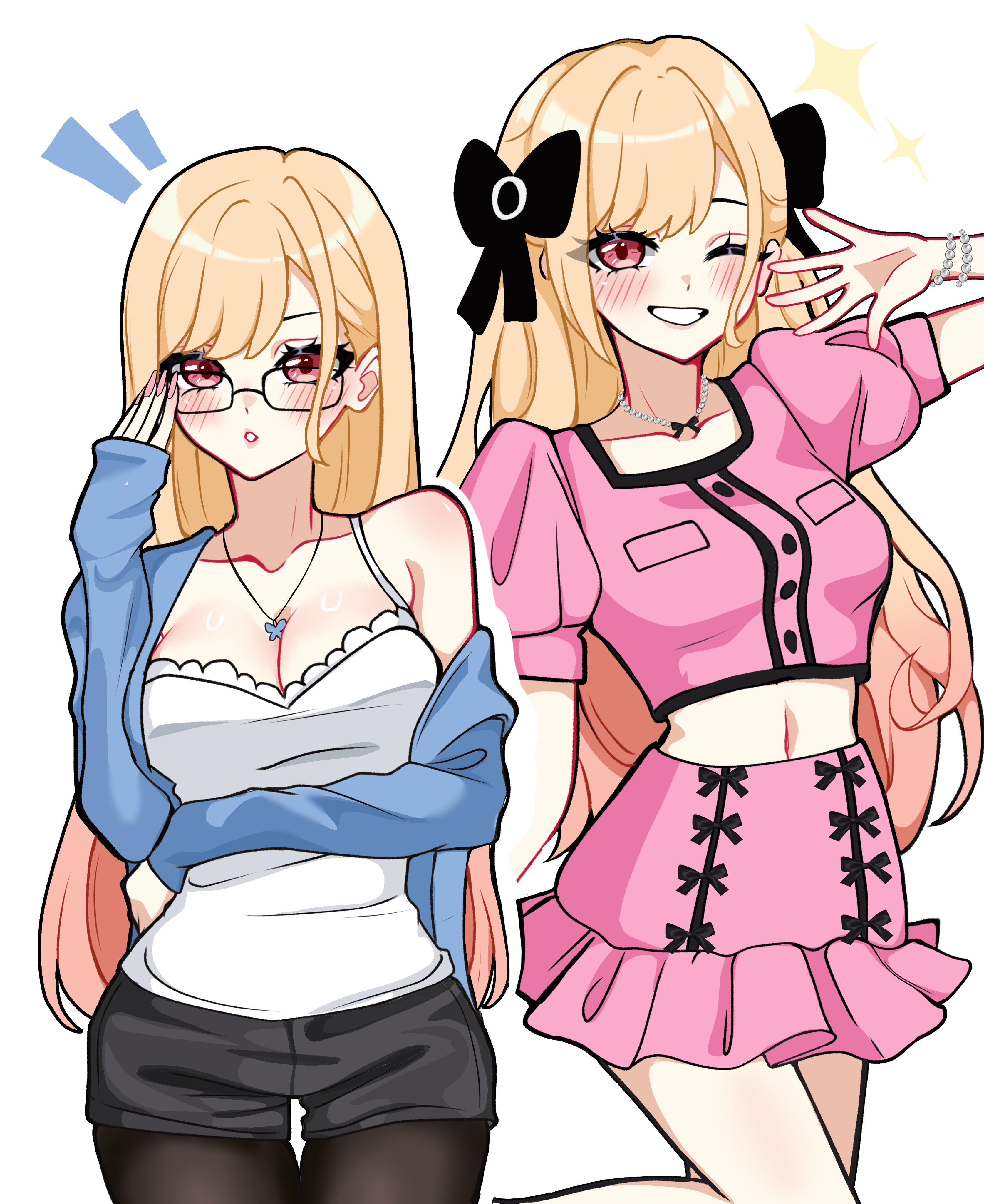 miovartz, kitagawa marin, sono bisque doll wa koi wo suru, absurdres, highres, 1girl, adjusting eyewear, alternate costume, arm under breasts, bead bracelet, beads, black bow, black pantyhose, black shorts, blue shirt, blush, bow, bow necklace, bracelet, breasts, butterfly necklace, camisole, casual, cleavage, cowboy shot, crop top, glasses, grin, hair bow, jewelry, large breasts, medium breasts, midriff, multiple views, one eye closed, pantyhose, parted lips, pink eyes, pink skirt, puffy short sleeves, puffy sleeves, shirt, shirt partially removed, short sleeves, shorts, single bare shoulder, skirt, smile, solo, sparkle, teeth, white background, white camisole