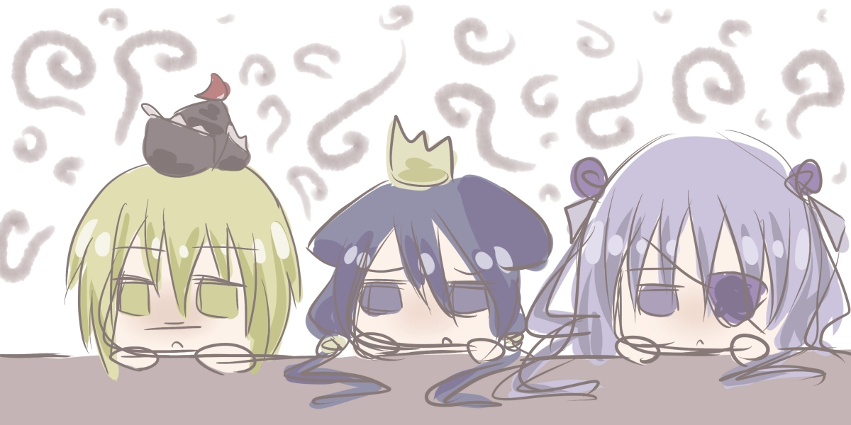 barasuishou, lunasa prismriver, momomeno (7th dragon), princess (7th dragon), 7th dragon, 7th dragon (series), rozen maiden, touhou, bad id, bad pixiv id, 00s, 3girls, blonde hair, crossover, crown, eyepatch, hat, multiple girls, twintails