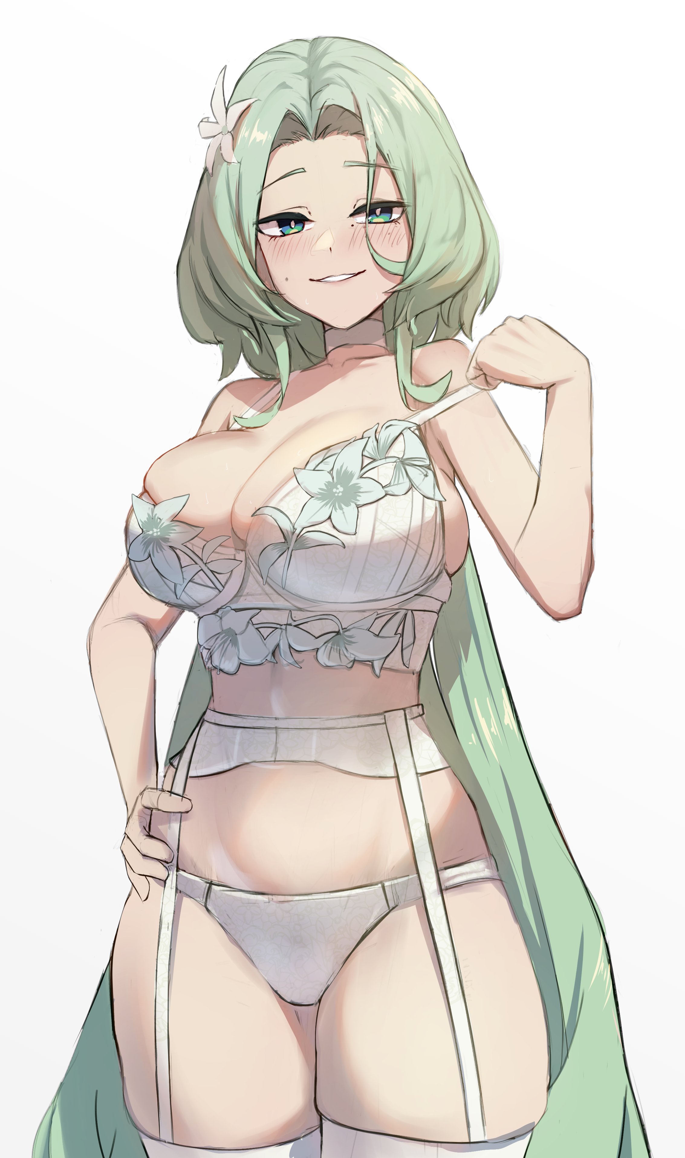 kaba (hama), isolde (zenless zone zero), zenless zone zero, absurdres, commentary, highres, 1girl, aqua eyes, breasts, choker, cleavage, flower, garter belt, green hair, grin, hair flower, hair ornament, hand on own hip, large breasts, lingerie, long hair, looking at viewer, mole, mole on cheek, mole under eye, panties, simple background, skindentation, smile, smirk, solo, strap slip, thighhighs, underwear, very long hair, white background, white choker, white panties, white thighhighs