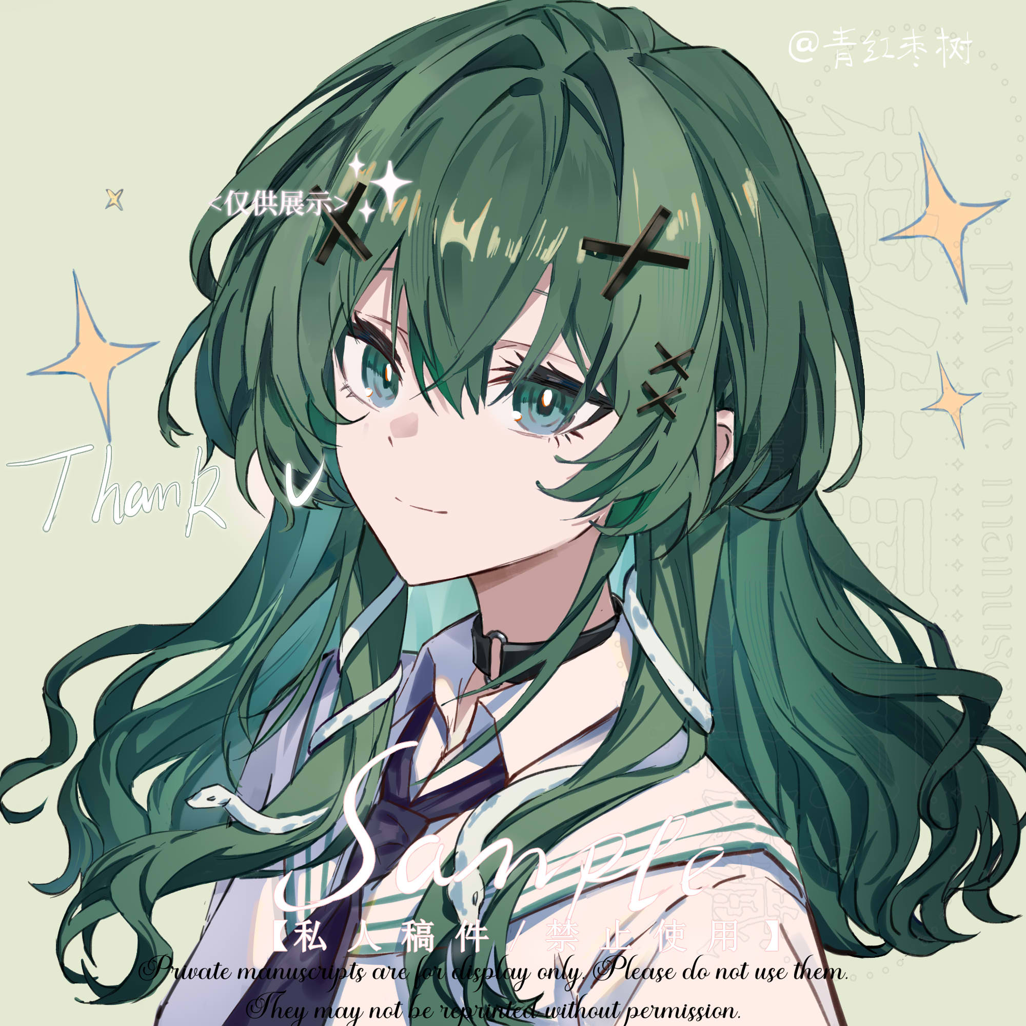 qinghong zaoshu, original, commission, highres, 1girl, artist name, black choker, black necktie, choker, closed mouth, green background, green eyes, green hair, hair ornament, long hair, necktie, o-ring, o-ring choker, portrait, sample watermark, shirt, smile, solo, sparkle, watermark, white shirt, x hair ornament