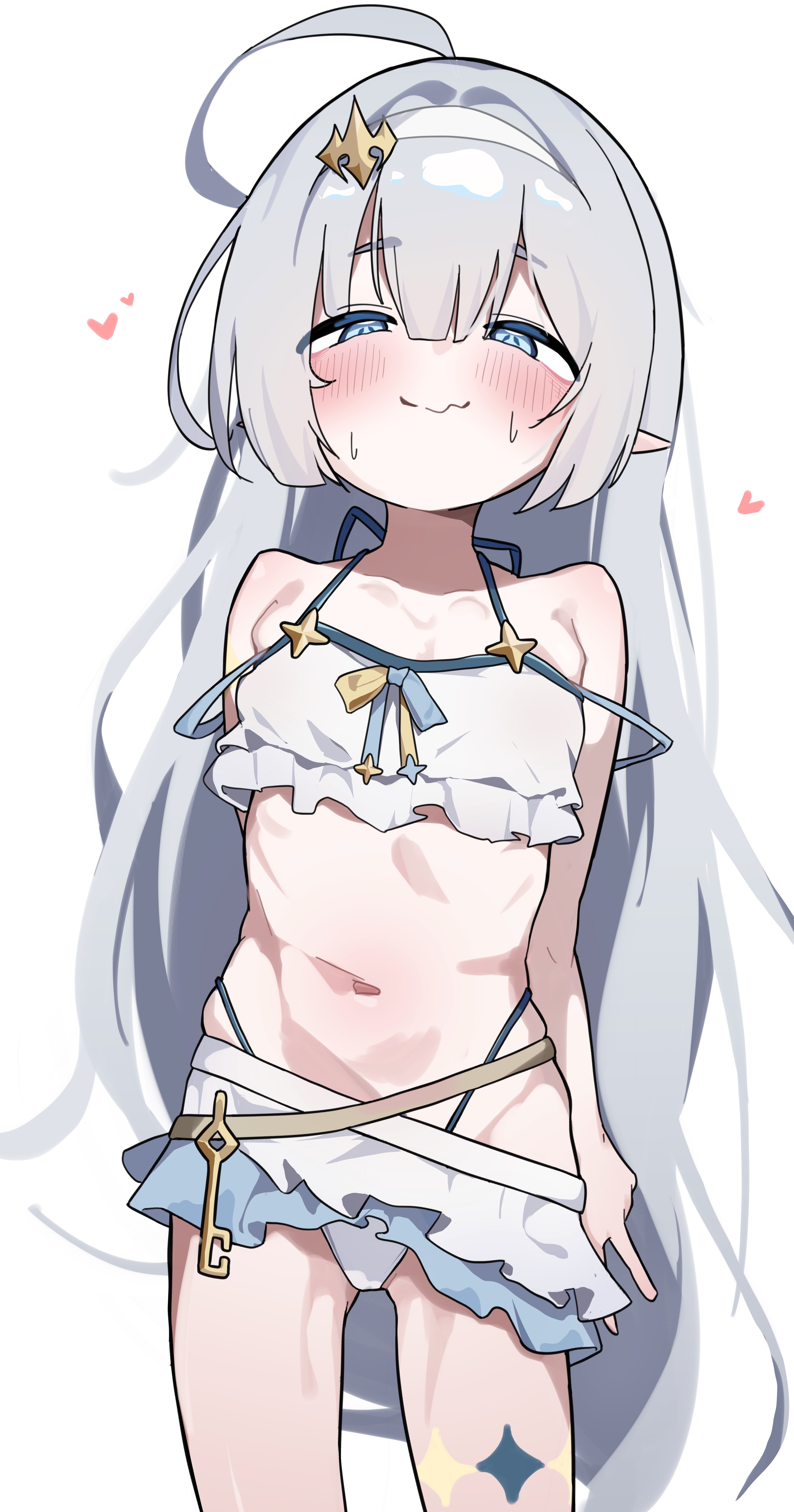yungun (dbsrjsdn0330), female tyrant (stella sora), tyrant (stella sora), stella sora, absurdres, highres, 1girl, bare shoulders, bikini, blue eyes, blush, closed mouth, cowboy shot, grey hair, hair between eyes, hairband, heart, long hair, looking at viewer, navel, pointy ears, simple background, solo, stomach, swimsuit, very long hair, wavy mouth, white background, white bikini, white hairband