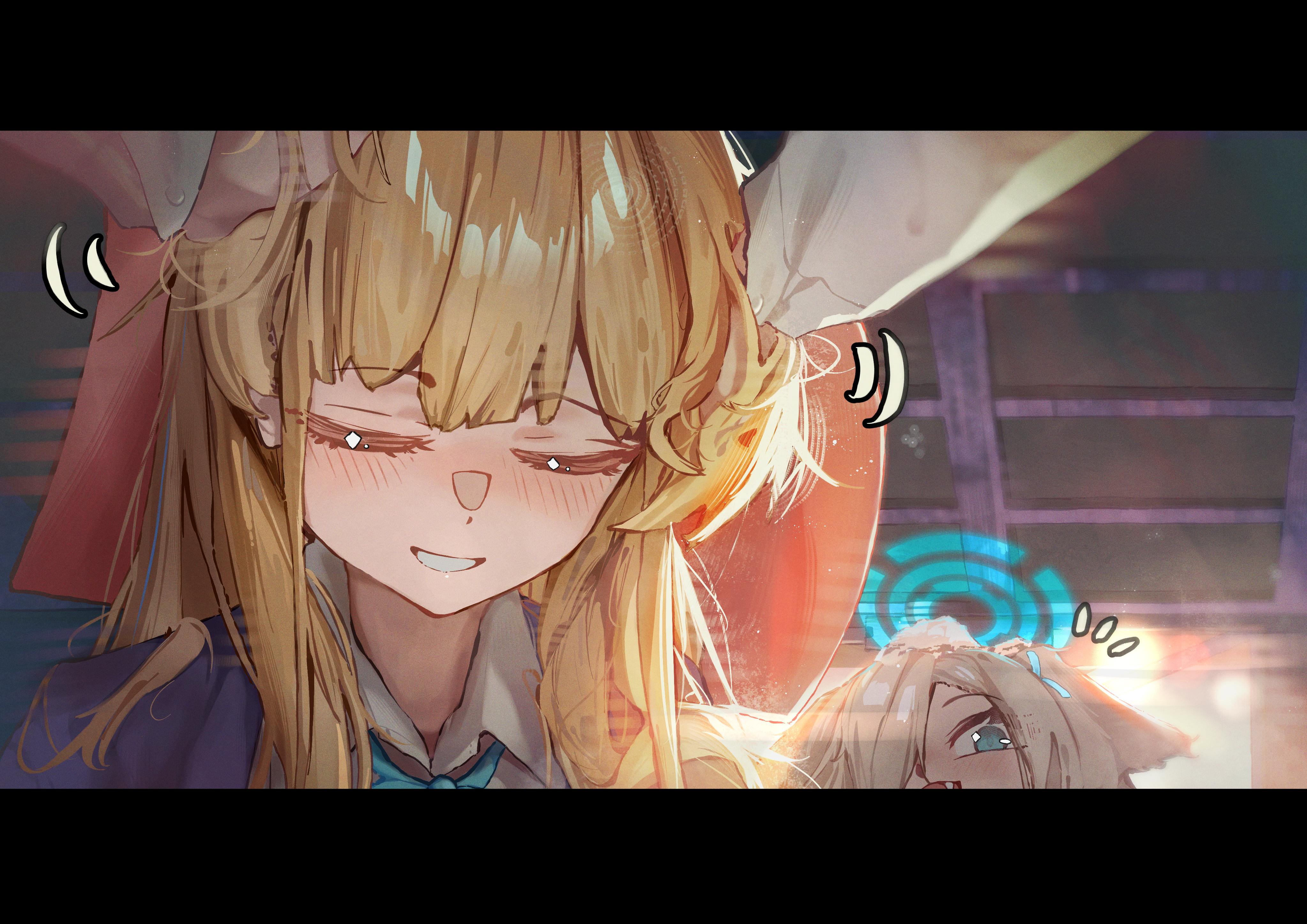 asuna (blue archive), toki (blue archive), toki (school uniform) (blue archive), blue archive, absurdres, highres, 2girls, animal ears, blonde hair, blue eyes, blue hair, blue halo, blue necktie, closed eyes, collared shirt, dog ears, fang, grin, hair over one eye, halo, hands on another's head, headpat, kemonomimi mode, long hair, looking at viewer, minibeat, multicolored hair, multiple girls, necktie, notice lines, open mouth, school uniform, shirt, smile, streaked hair, white shirt