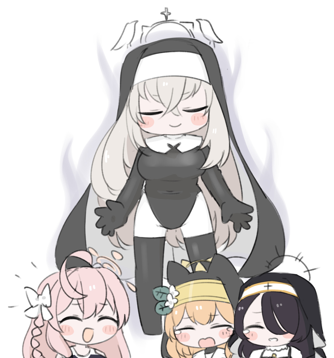 miranofuudoria, hanako (blue archive), hinata (blue archive), mari (blue archive), sakurako (blue archive), sakurako (justina uniform) (blue archive), blue archive, highres, 4girls, :d, ^ ^, ahoge, black hair, black leotard, black thighhighs, bow, braid, breasts, brown hair, chibi, closed eyes, closed mouth, flower, hair bow, hair over one eye, halo, large breasts, leotard, multiple girls, nun, open mouth, pink hair, smile, tears, thighhighs, veil, wavy mouth, white background, white bow, white flower