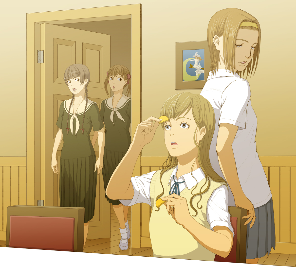 joe (milkcrown), fukuzawa yumi, kotobuki tsumugi, shimazu yoshino, tainaka ritsu, torii eriko, toudou shimako, k-on!, maria-sama ga miteru, bad id, bad pixiv id, 4girls, cosplay, dress shirt, food, kotobuki tsumugi (cosplay), look-alike, multiple girls, school uniform, serafuku, shirt, skirt, sweater vest, tainaka ritsu (cosplay), takuan, walk-in