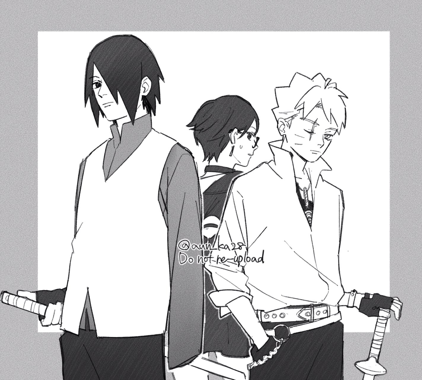 onka (aun ka28), uchiha sarada, uchiha sasuke, uzumaki boruto, boruto: two blue vortex, naruto (series), commentary request, highres, 1girl, 2boys, amputee, back-to-back, choker, earrings, father and daughter, fingerless gloves, glasses, gloves, greyscale, hair over one eye, hand in pocket, jewelry, monochrome, multiple boys, necklace, one eye closed, planted, planted sword, planted weapon, scar, scar across eye, scar on face, sheath, sheathed, sword, twitter username, vest, weapon