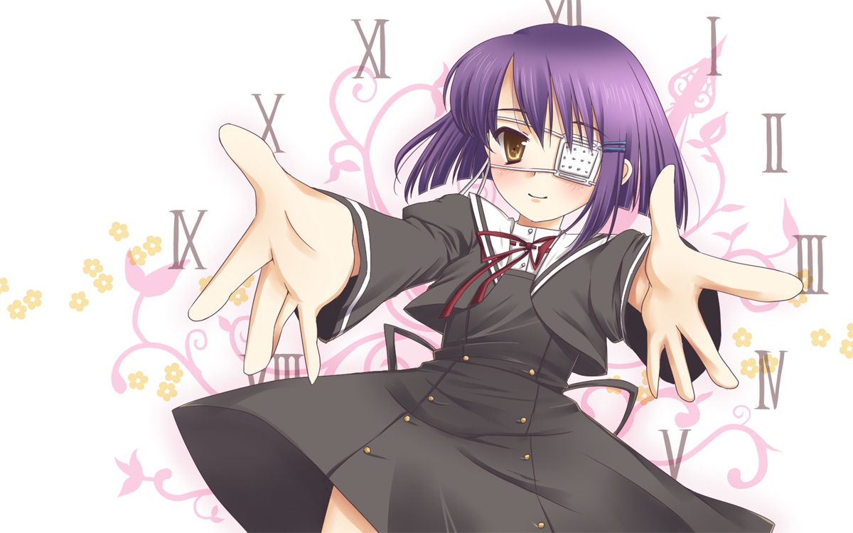 nasunoko, shindou chihiro, ef (visual novel), 00s, blush, eyepatch, hair ornament, hairclip, outstretched arms, outstretched hand, purple hair, reaching, school uniform, short hair, solo, yellow eyes