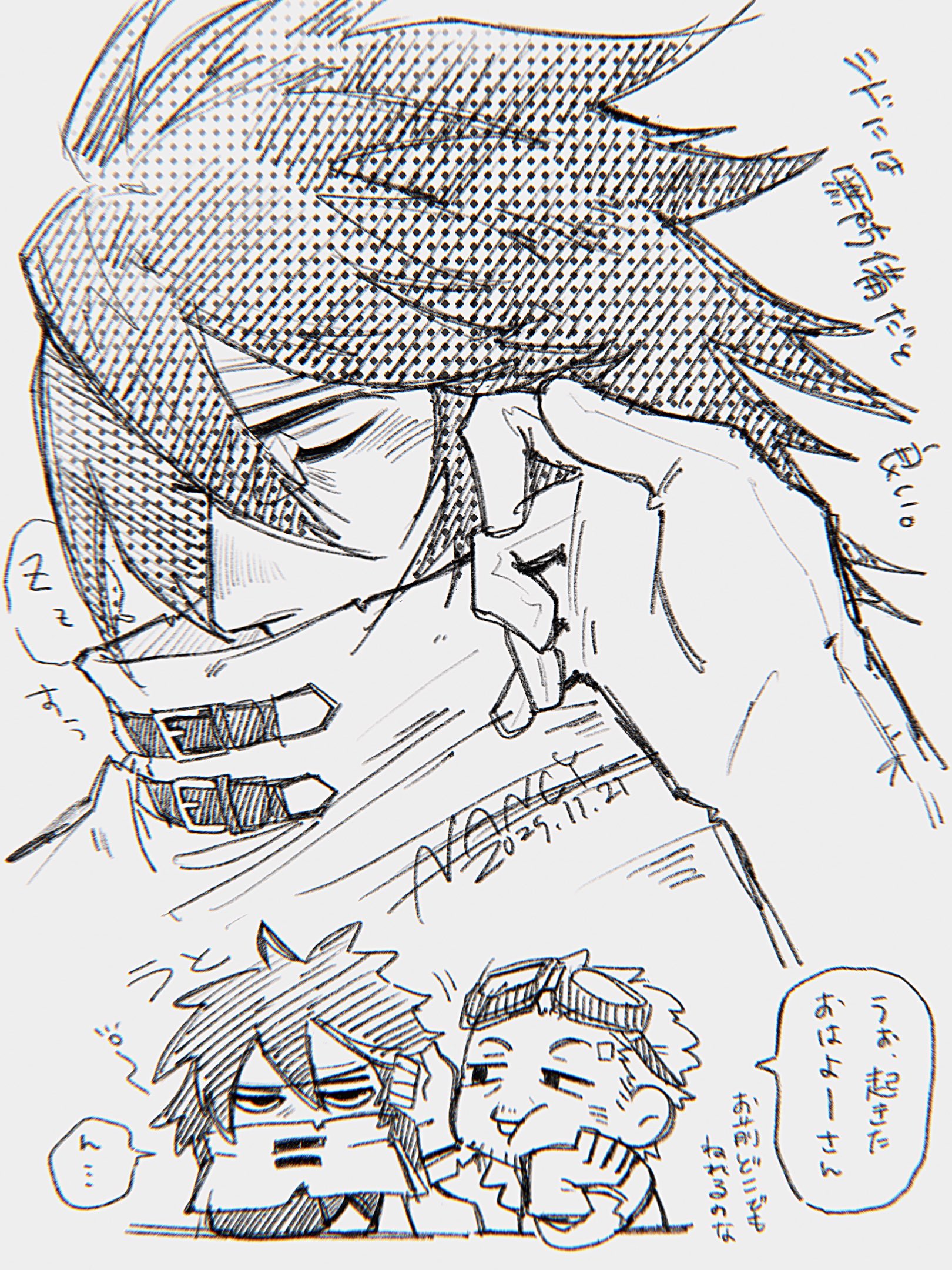 cid highwind, vincent valentine, final fantasy, final fantasy vii, commentary, highres, translation request, …, 2boys, blush, cloak, closed eyes, covered mouth, create nancy, gloves, goggles, goggles on head, greyscale, hand in another's hair, hand on own face, head rest, headband, male focus, monochrome, multiple boys, sleeping, speech bubble