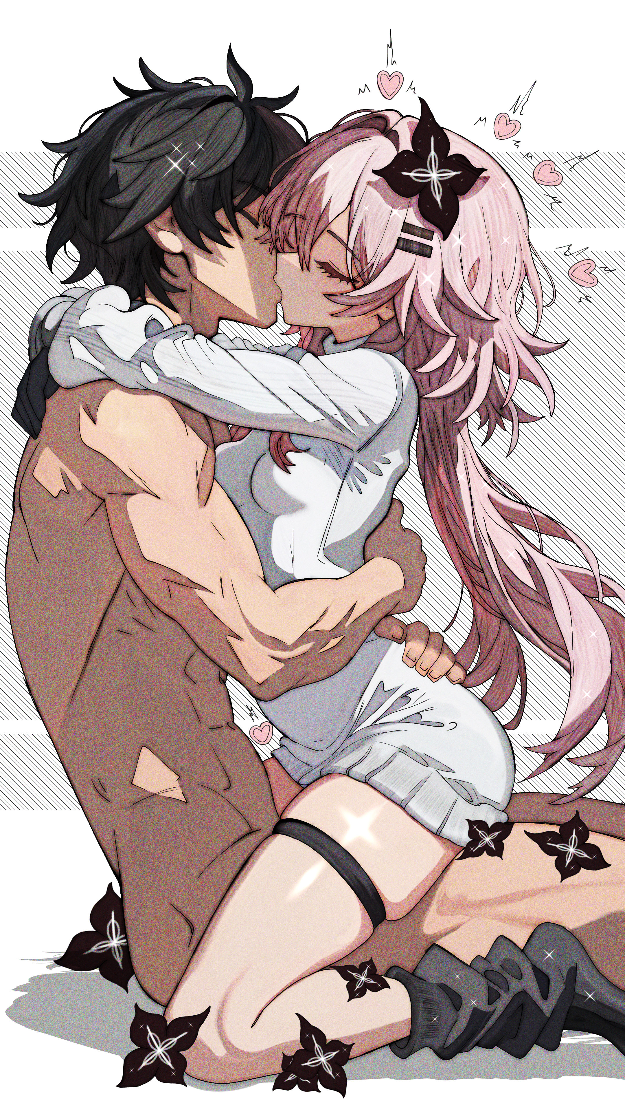 sinemi, dan heng (honkai: star rail), evernight (honkai: star rail), march 7th (honkai: star rail), honkai: star rail, honkai (series), absurdres, commentary, english commentary, highres, 1boy, 1girl, ahoge, alternate costume, ass, black flower, black gloves, black hair, black socks, breasts, closed eyes, flower, gloves, hair flower, hair ornament, hairclip, heart, hetero, hug, implied sex, kiss, long hair, medium breasts, parallel hairclips, pink hair, short hair, simple background, socks, straddling, sweater, thigh strap, thighs, toned, toned male, twitching, very long hair, white sweater