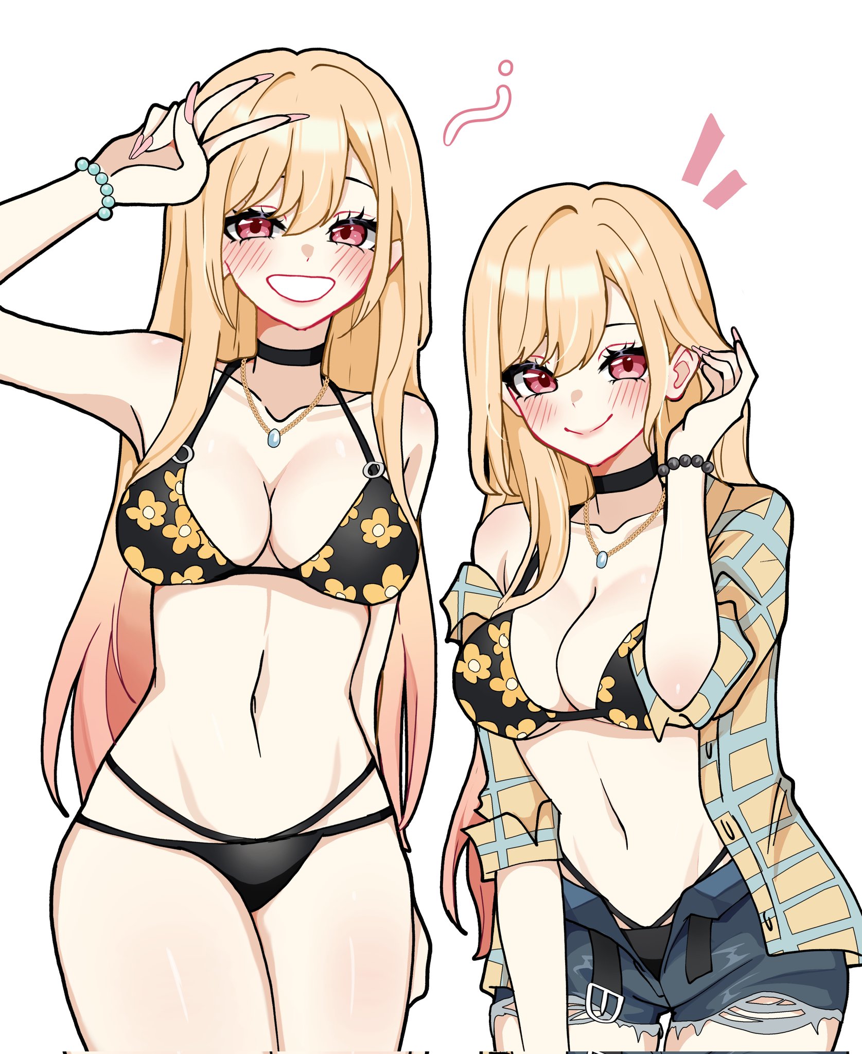 miovartz, kitagawa marin, sono bisque doll wa koi wo suru, highres, 1girl, bare shoulders, bead bracelet, beads, belt, bikini, black bikini, black choker, blonde hair, blush, bracelet, breasts, choker, cleavage, closed mouth, colored tips, cowboy shot, fingernails, floral print, floral print bikini, gradient hair, grin, hair behind ear, hair between eyes, hand in own hair, jewelry, large breasts, long fingernails, long hair, looking at viewer, midriff, multicolored hair, multiple views, nail polish, navel, necklace, open belt, pink eyes, pink hair, pink nails, plaid clothes, plaid shirt, print bikini, shirt, shirt partially removed, shorts, single bare shoulder, sleeves rolled up, smile, solo, swimsuit, teeth, torn clothes, torn shorts, white background
