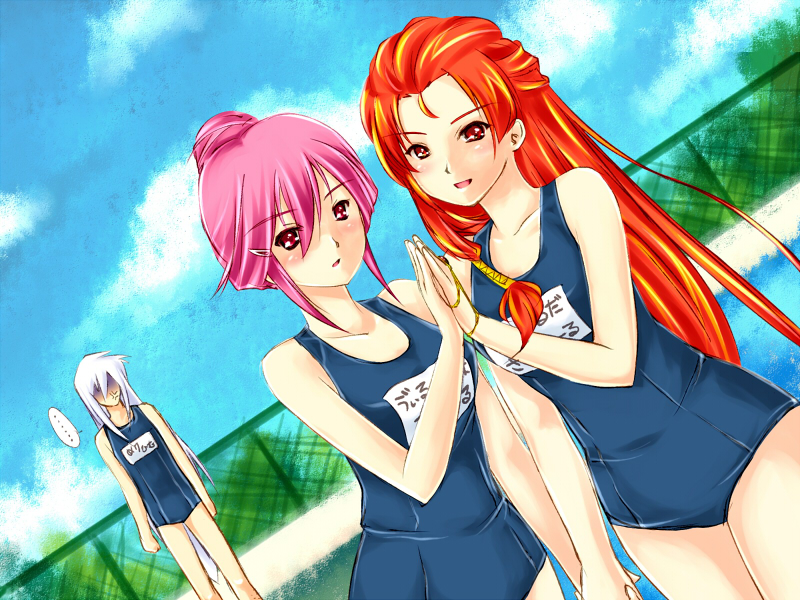 piku, mathilde saint-omer, merihim, wilhelmina carmel, shakugan no shana, …, 00s, 1boy, 2girls, alternate hairstyle, anger vein, chain-link fence, cloud, crossdressing, day, dutch angle, fence, holding hands, long hair, looking at viewer, multiple girls, name tag, one-piece swimsuit, outdoors, pink hair, pool, poolside, red eyes, red hair, school swimsuit, shaded face, sky, swimsuit