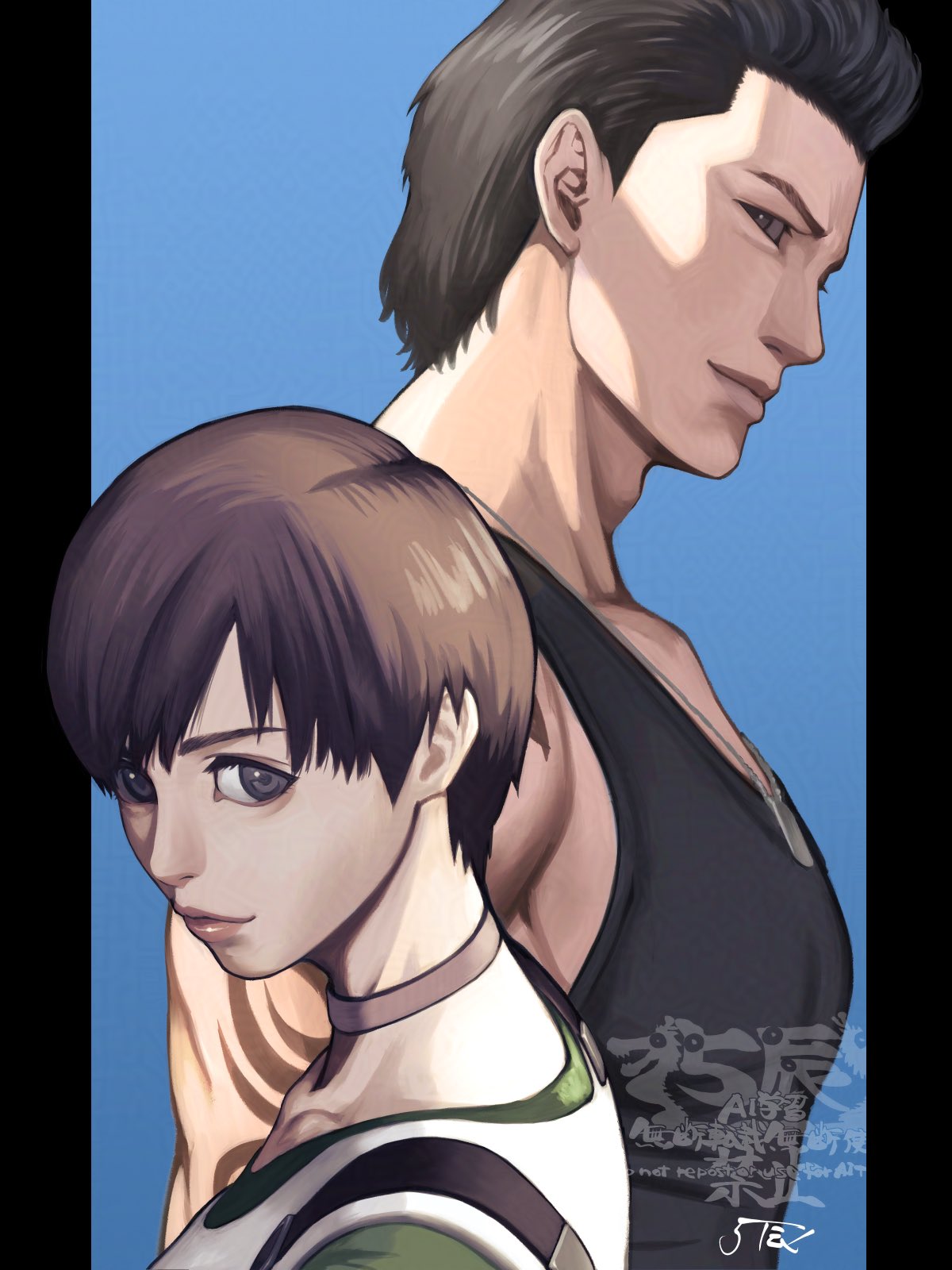 5tatsu, billy coen, rebecca chambers, resident evil, resident evil 0, highres, 1boy, 1girl, arm tattoo, artist name, bare shoulders, black border, black hair, black tank top, blue background, border, brown choker, choker, closed mouth, dog tags, green shirt, grey eyes, hair slicked back, muscular, muscular male, pillarboxed, shirt, short hair, tank top, tattoo, upper body, white shirt