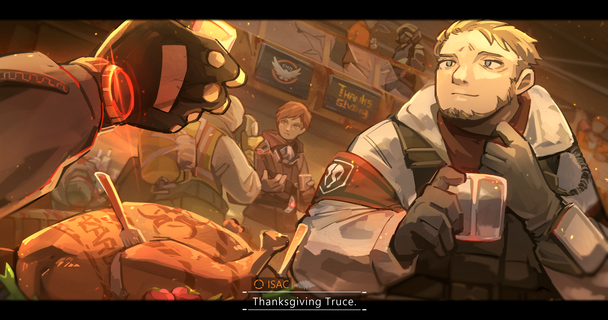 xinhao, cleaners, last man battalion, tom clancy's the division, highres, 1girl, 5boys, body armor, bulletproof vest, camouflage, chest rig, combat helmet, cup, dinner, drinking glass, food, fork, helmet, holding, load bearing vest, military operator, multiple boys, rogue division agent, snow camouflage, snow print, tactical clothes, thanksgiving, turkey (food), turkey leg